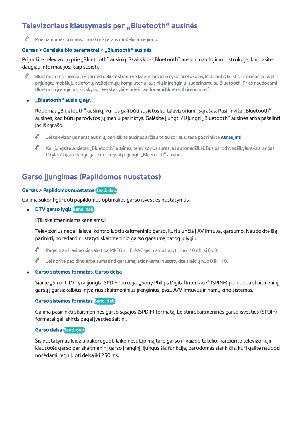 Samsung UE55H6400AKXXH manual Televizoriaus klausymasis per „Bluetooth ausinės, Garso įjungimas Papildomos nuostatos 