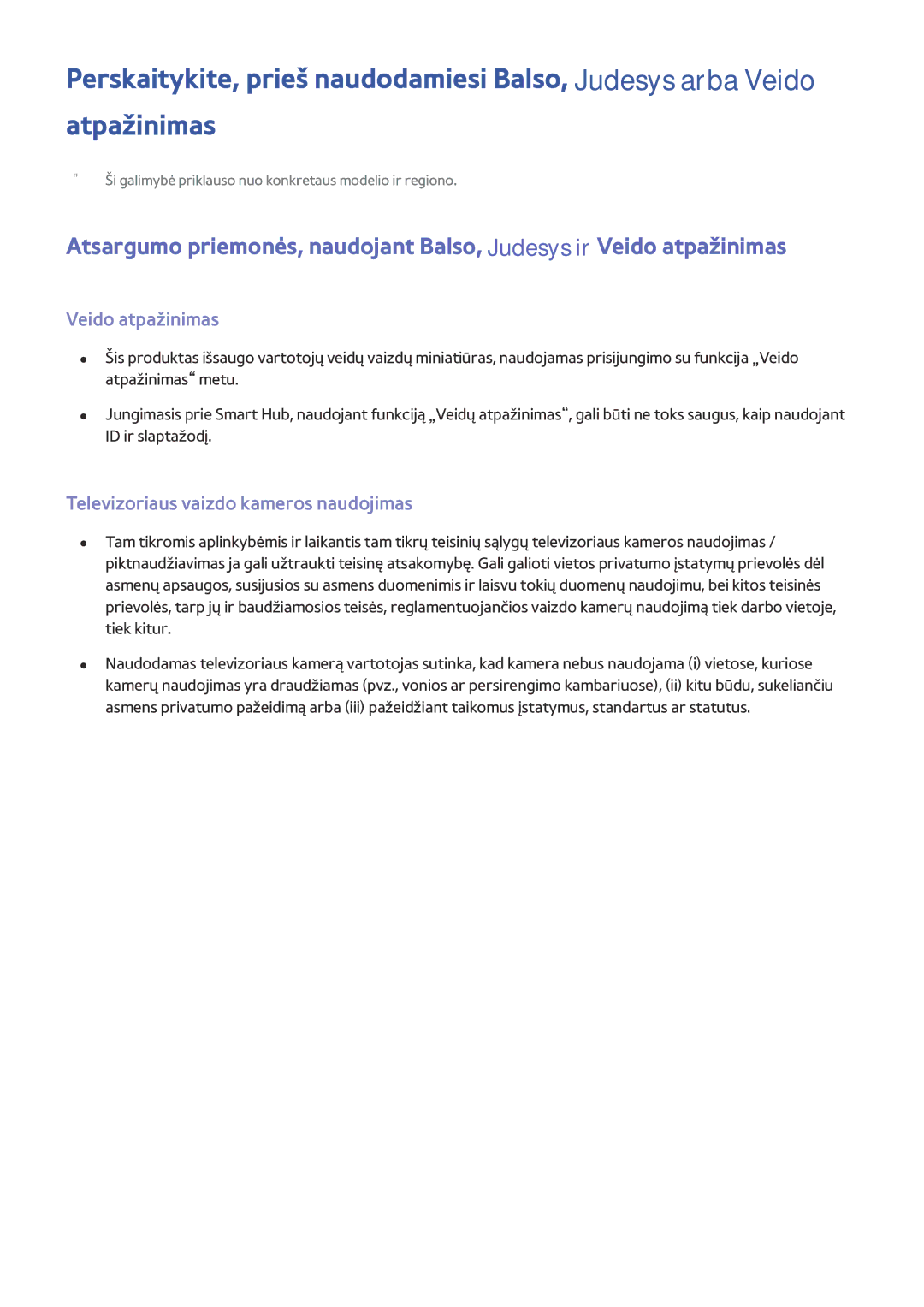 Samsung UE40H6700SLXXH, UE55H6410SSXXH, UE55H6290SSXZG manual Veido atpažinimas, Televizoriaus vaizdo kameros naudojimas 