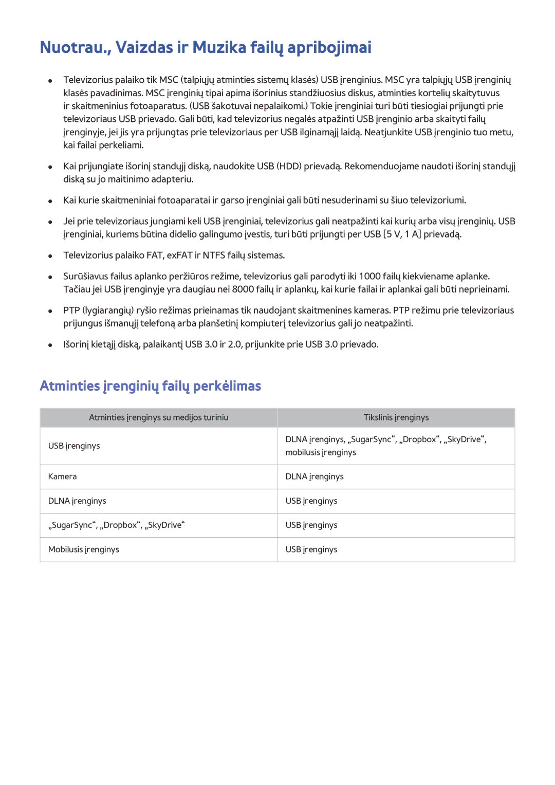 Samsung UE55H6240AWXXH, UE55H6410SSXXH Nuotrau., Vaizdas ir Muzika failų apribojimai, Atminties įrenginių failų perkėlimas 