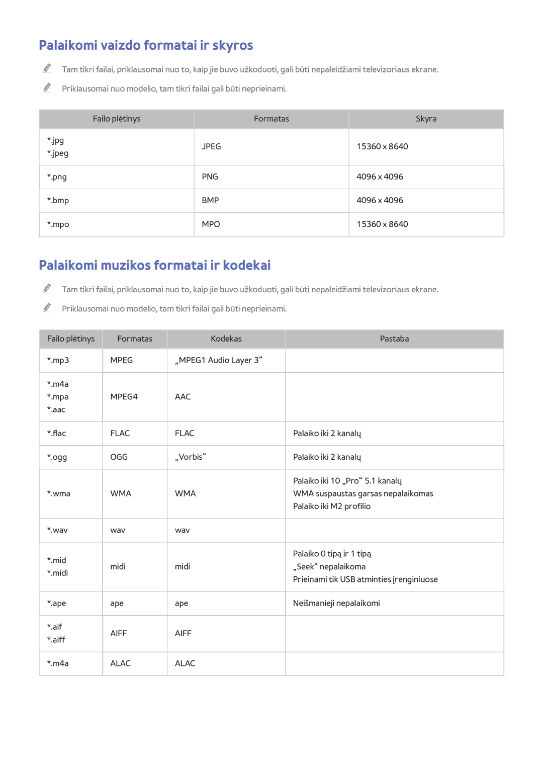 Samsung UE50H6400AKXXH, UE55H6410SSXXH manual Palaikomi vaizdo formatai ir skyros, Palaikomi muzikos formatai ir kodekai 