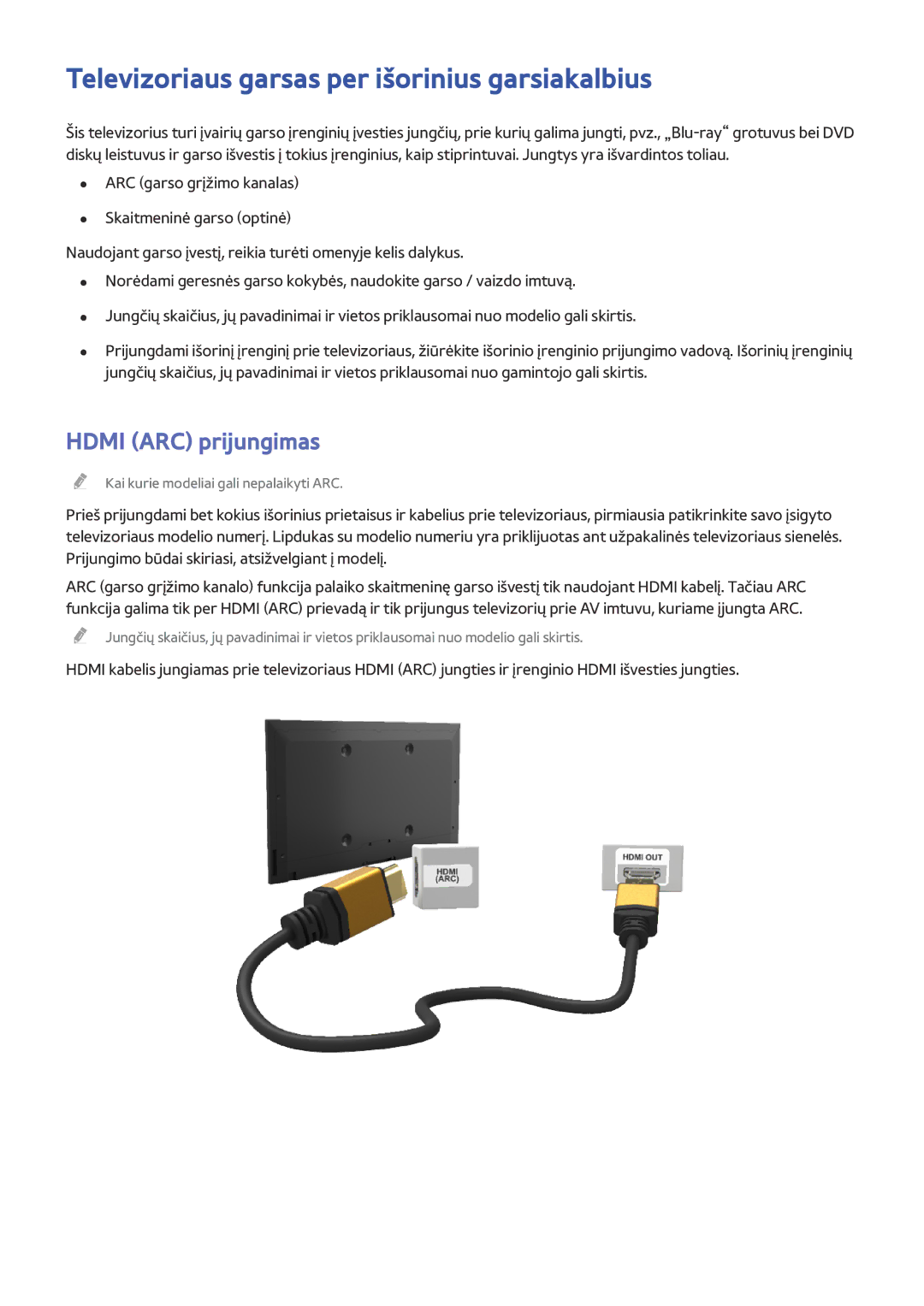 Samsung UE40H6240AWXXH, UE55H6410SSXXH manual Televizoriaus garsas per išorinius garsiakalbius, Hdmi ARC prijungimas 