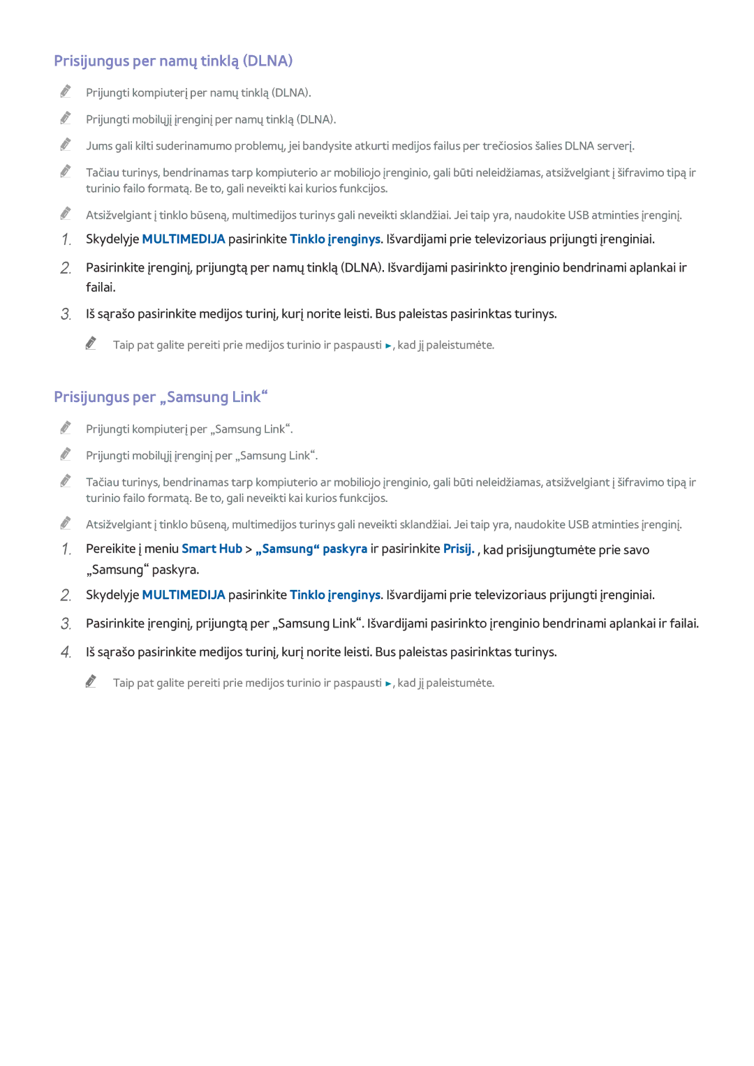 Samsung UE55H6650STXXH, UE55H6410SSXXH, UE55H6290SSXZG manual Prisijungus per namų tinklą Dlna, Prisijungus per „Samsung Link 