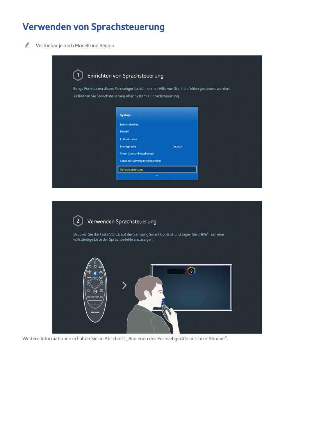 Samsung UE48H5570SSXZG, UE55H6410SSXXH, UE55H6290SSXZG manual Verwenden von Sprachsteuerung, Einrichten von Sprachsteuerung 