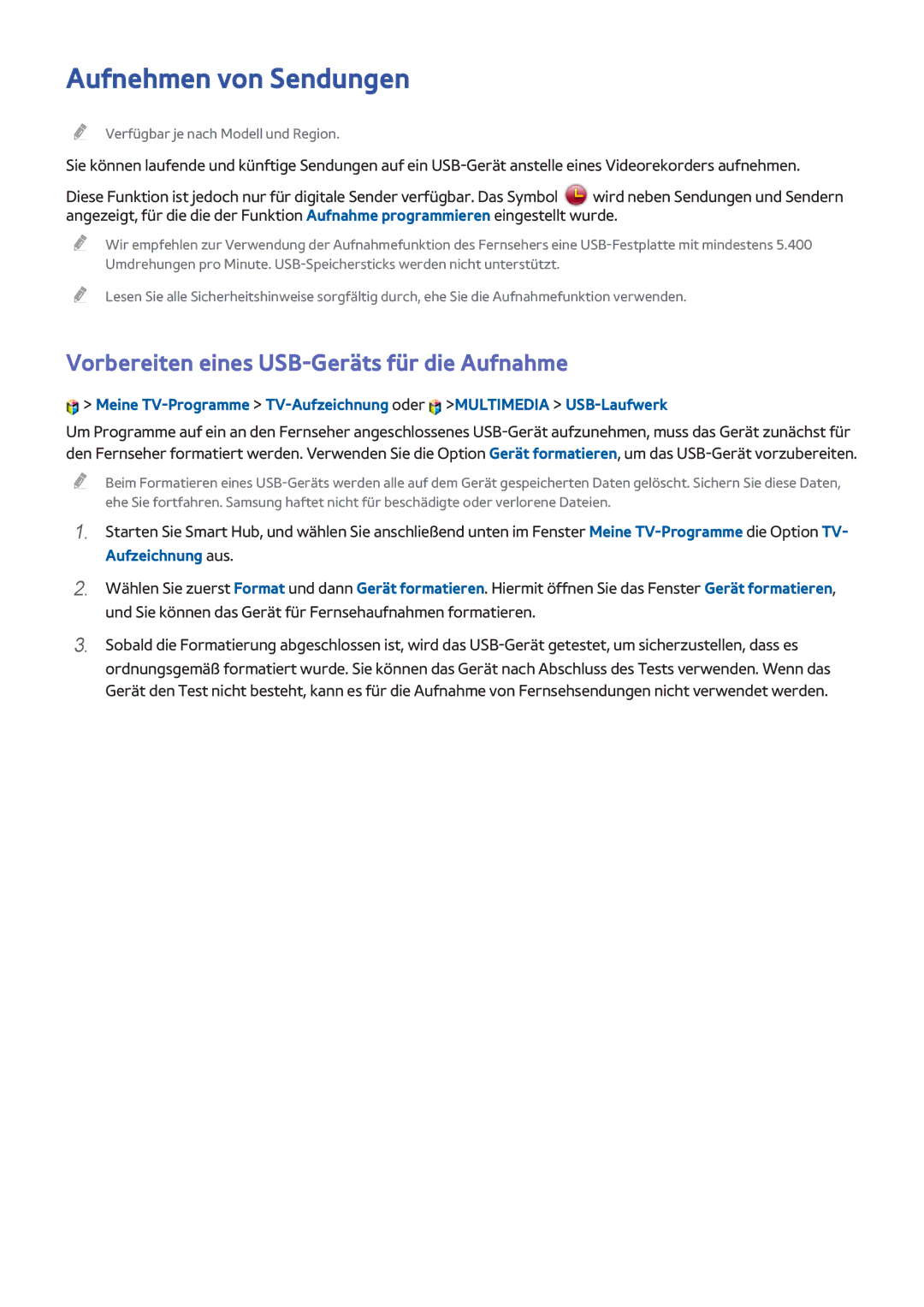 Samsung UE55H6410SSXZG, UE55H6410SSXXH manual Aufnehmen von Sendungen, Vorbereiten eines USB-Geräts für die Aufnahme 