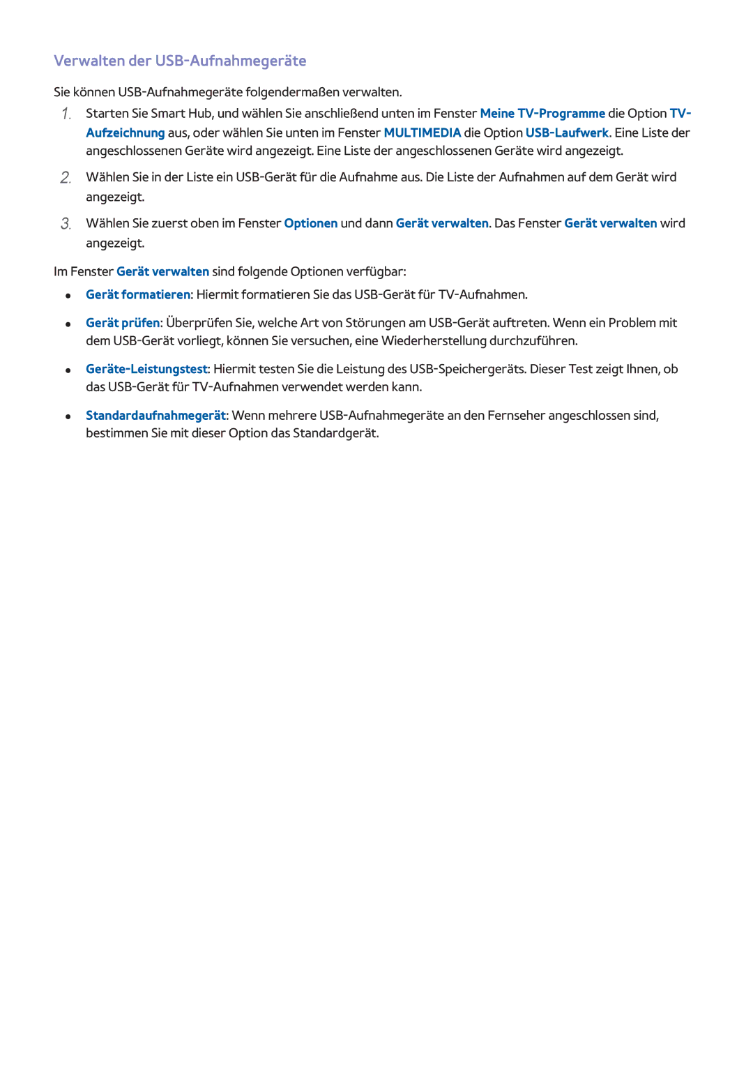 Samsung UE55H6400AWXXH, UE55H6410SSXXH, UE55H6290SSXZG, UE55H6850AWXXH, UE48H5510SSXZG manual Verwalten der USB-Aufnahmegeräte 