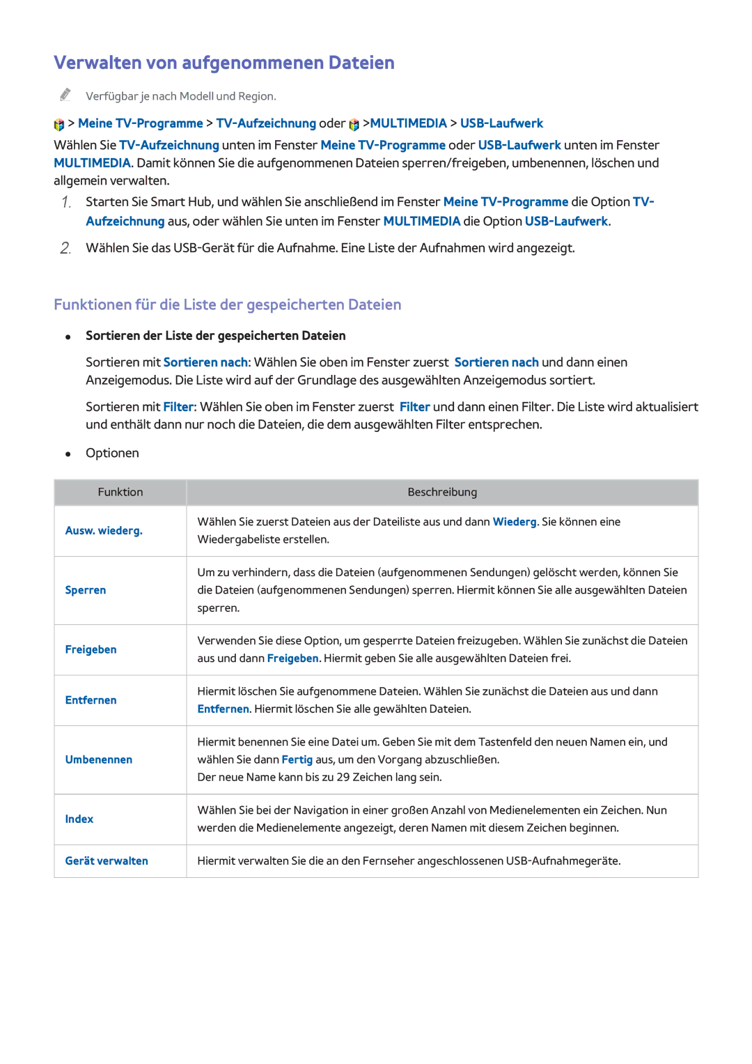 Samsung UE48H6200AWXXC manual Verwalten von aufgenommenen Dateien, Funktionen für die Liste der gespeicherten Dateien 