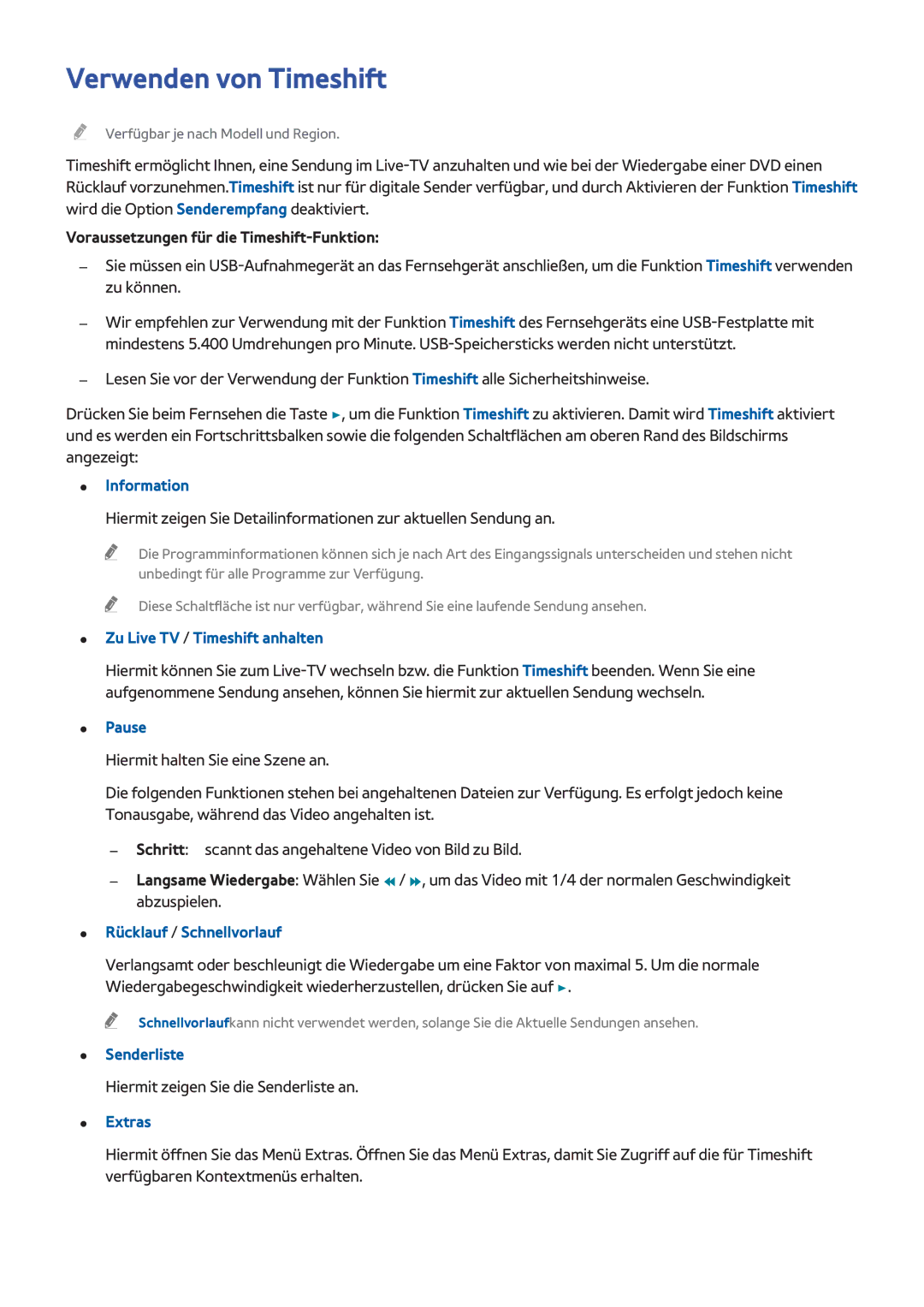 Samsung UE48H6500SLXZF, UE55H6410SSXXH manual Verwenden von Timeshift, Voraussetzungen für die Timeshift-Funktion, Pause 