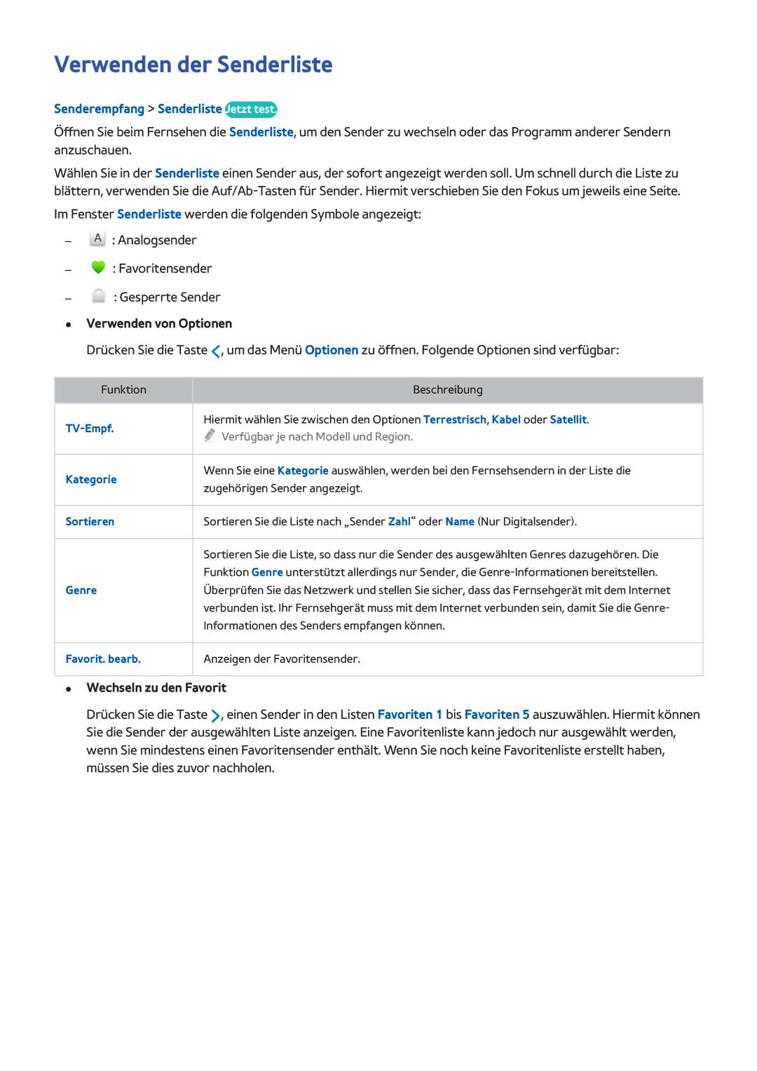 Samsung UE55H6400AWXZF manual Verwenden der Senderliste, Senderempfang Senderliste Jetzt test, Verwenden von Optionen 