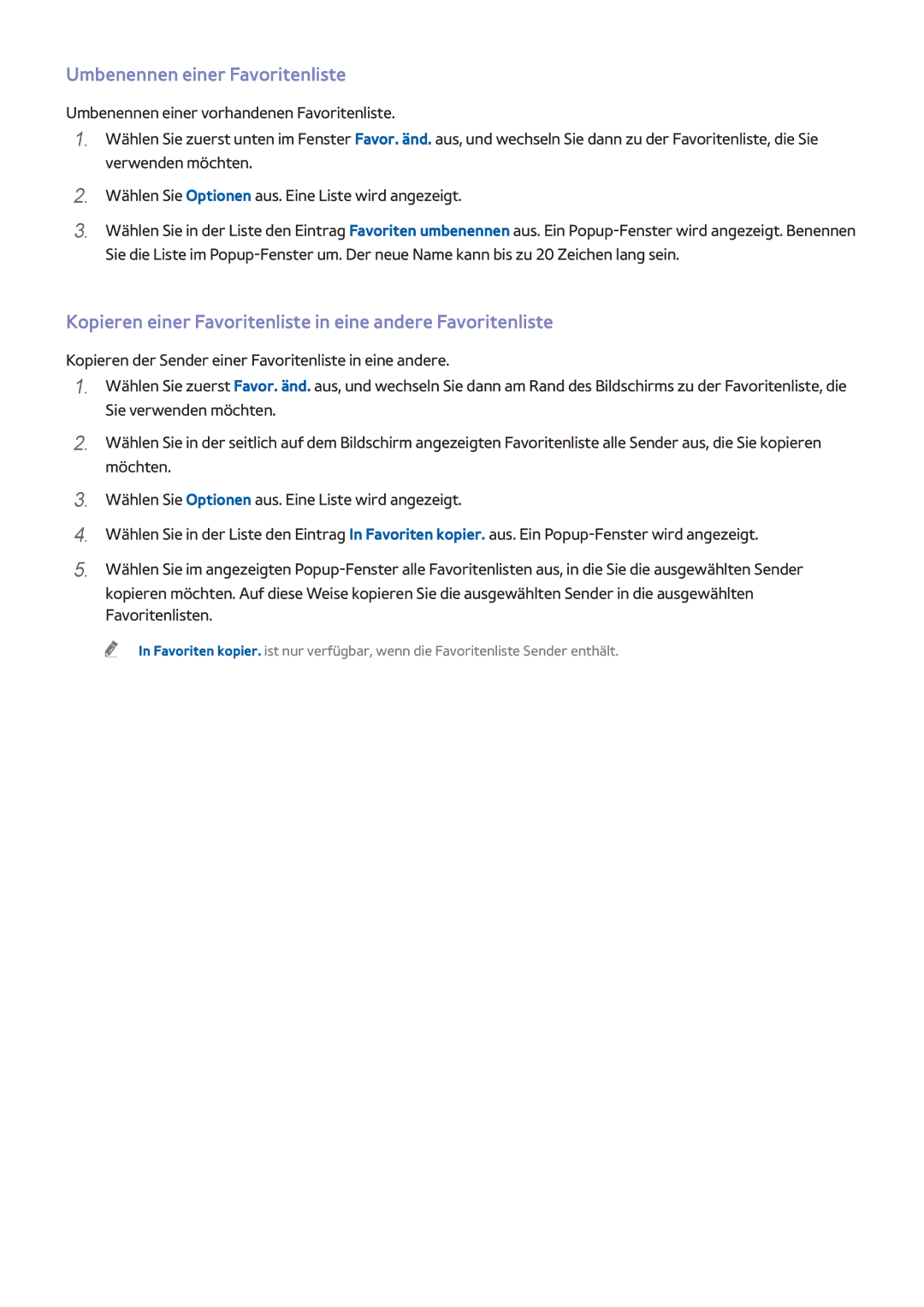 Samsung UE60H7000SLXZF manual Umbenennen einer Favoritenliste, Kopieren einer Favoritenliste in eine andere Favoritenliste 