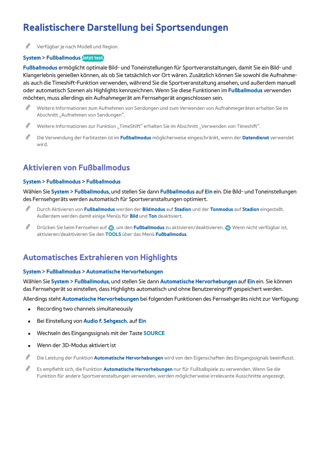 Samsung UE48H5510SSXZF, UE55H6410SSXXH manual Realistischere Darstellung bei Sportsendungen, Aktivieren von Fußballmodus 