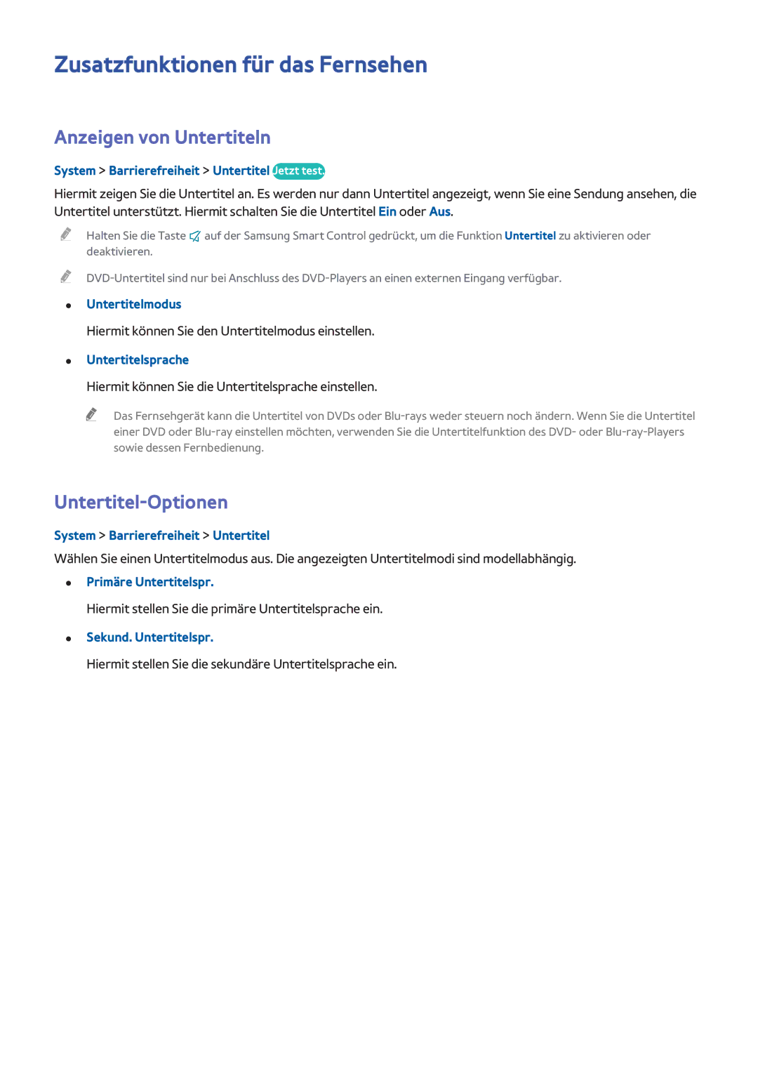 Samsung UE32H5500AWXZF, UE55H6410SSXXH Zusatzfunktionen für das Fernsehen, Anzeigen von Untertiteln, Untertitel-Optionen 