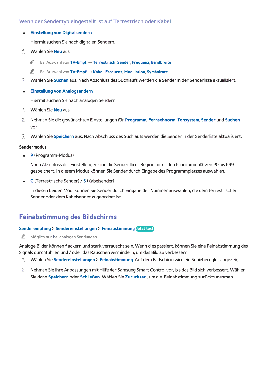 Samsung UE55H6800AWXZF manual Feinabstimmung des Bildschirms, Einstellung von Digitalsendern, Einstellung von Analogsendern 