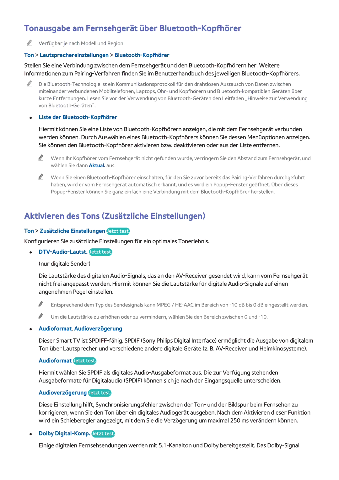Samsung UE55H6870SSXZG Tonausgabe am Fernsehgerät über Bluetooth-Kopfhörer, Aktivieren des Tons Zusätzliche Einstellungen 