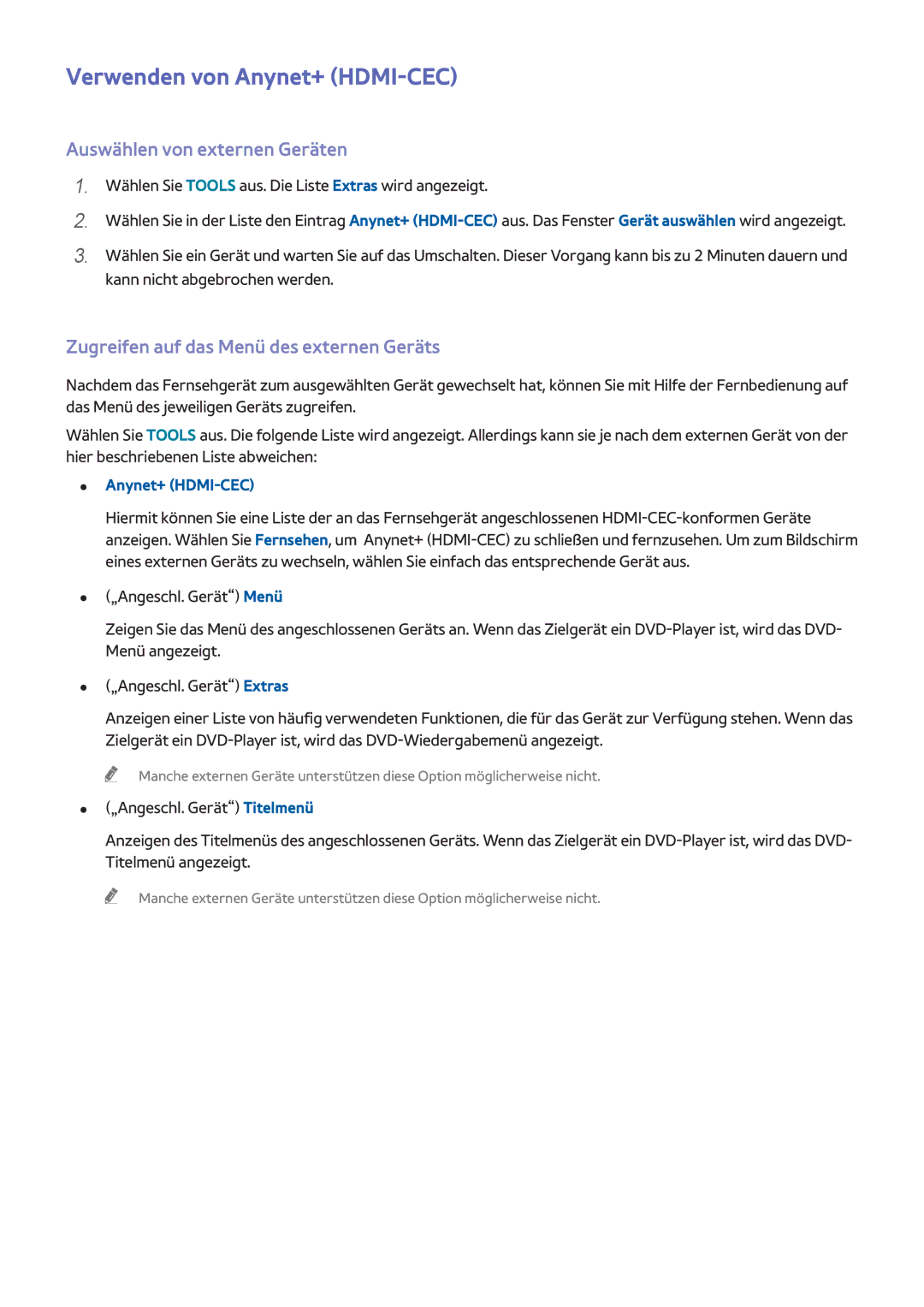 Samsung UE32H6400AWXXH, UE55H6410SSXXH, UE55H6290SSXZG manual Verwenden von Anynet+ HDMI-CEC, Auswählen von externen Geräten 