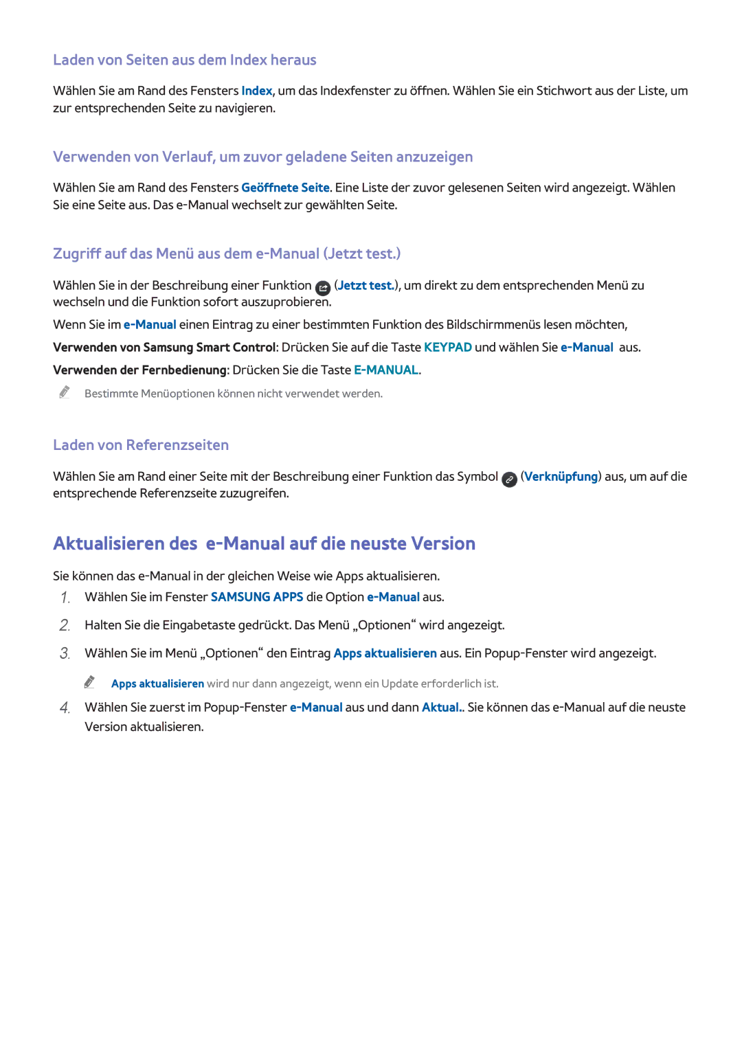 Samsung UE50H6200AWXXH manual Aktualisieren des e-Manual auf die neuste Version, Laden von Seiten aus dem Index heraus 