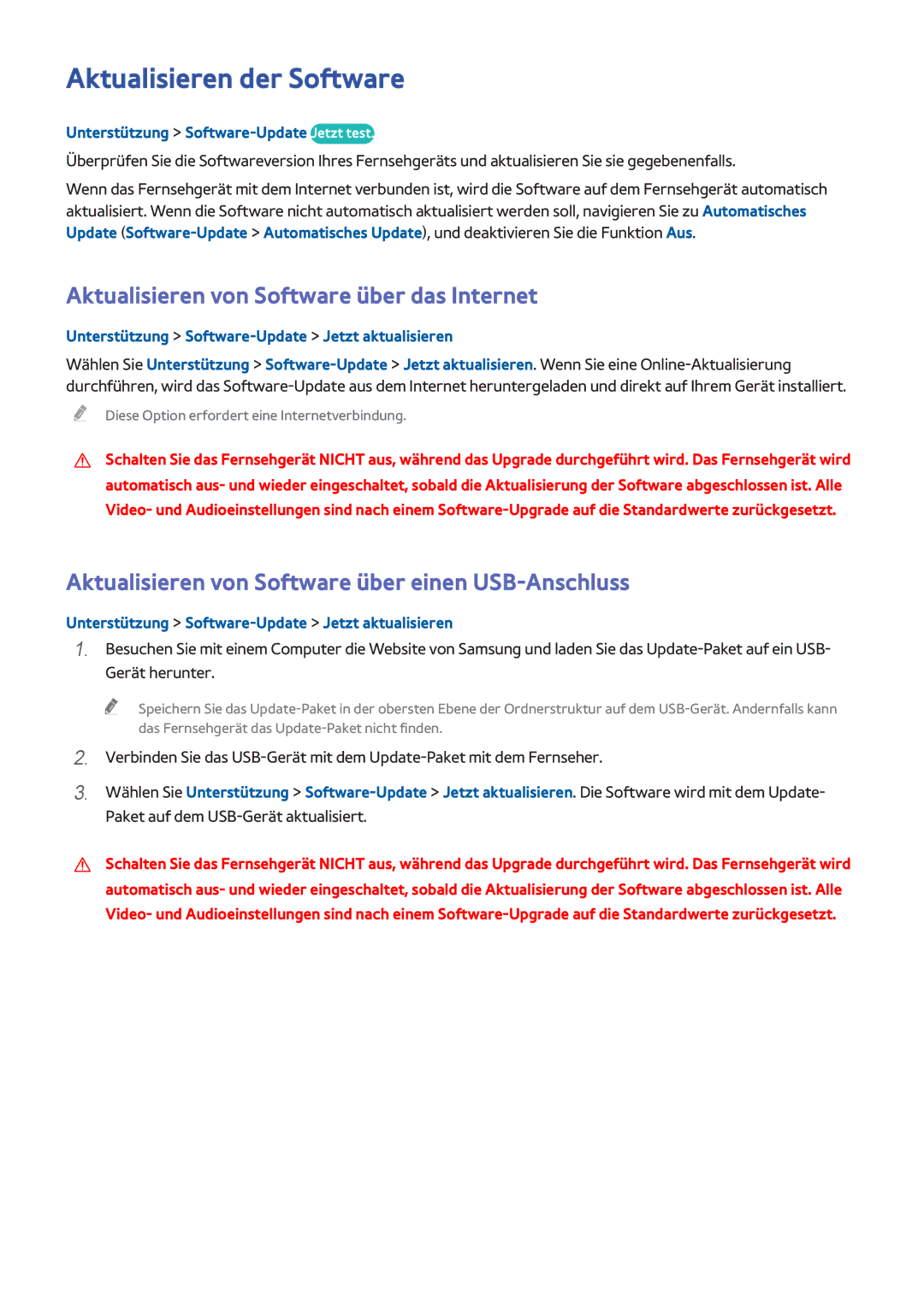 Samsung UE32H6410SSXXH, UE55H6410SSXXH manual Aktualisieren der Software, Aktualisieren von Software über das Internet 