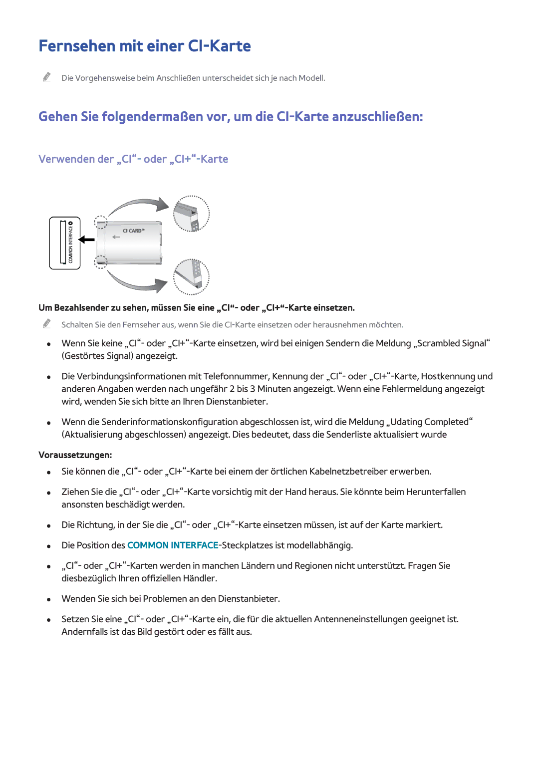 Samsung UE55H6290ASXTK manual Fernsehen mit einer CI-Karte, Gehen Sie folgendermaßen vor, um die CI-Karte anzuschließen 