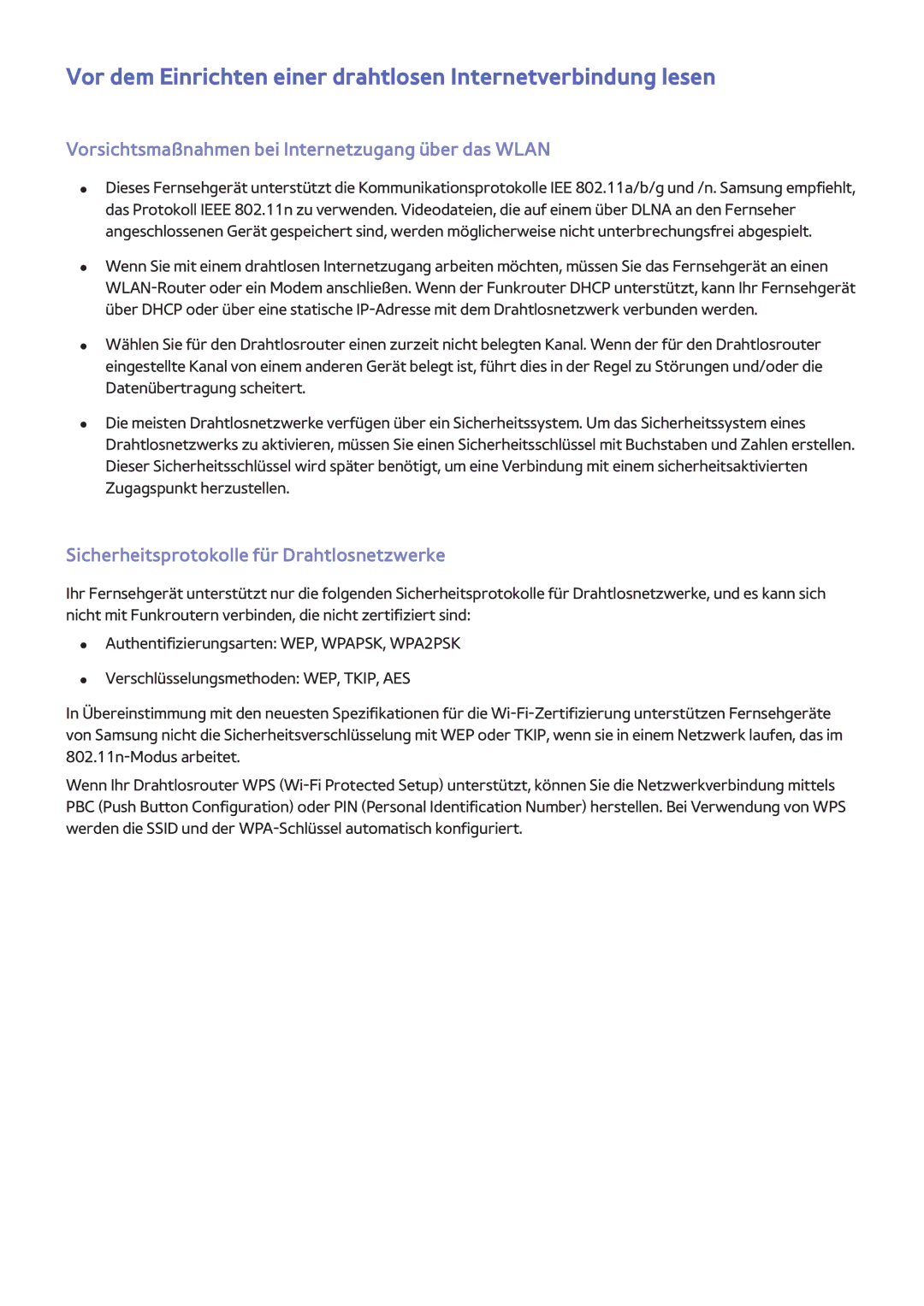 Samsung UE55H6410SSXXH Vorsichtsmaßnahmen bei Internetzugang über das Wlan, Sicherheitsprotokolle für Drahtlosnetzwerke 