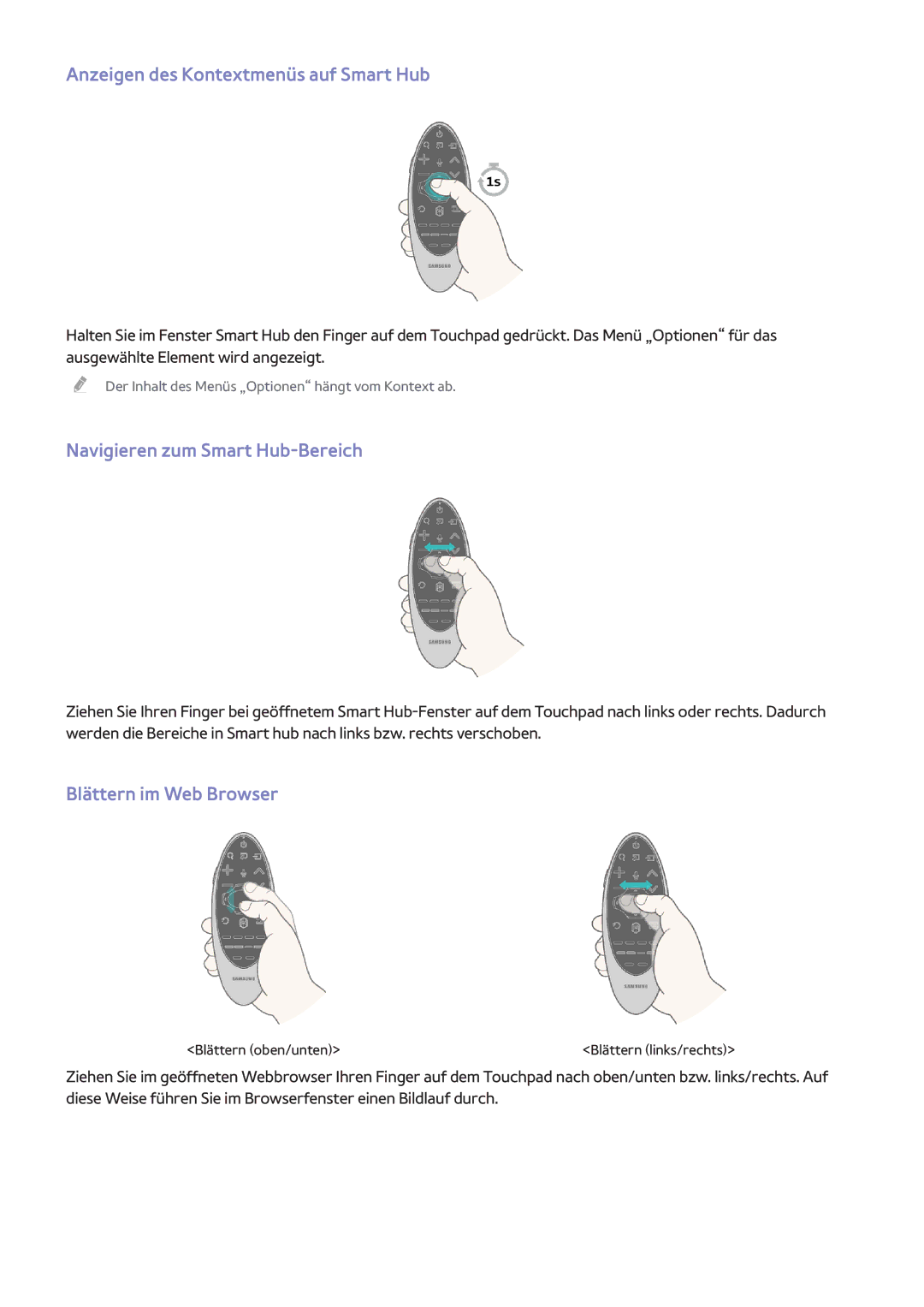 Samsung UE50H5500AWXXH Anzeigen des Kontextmenüs auf Smart Hub, Navigieren zum Smart Hub-Bereich, Blättern im Web Browser 