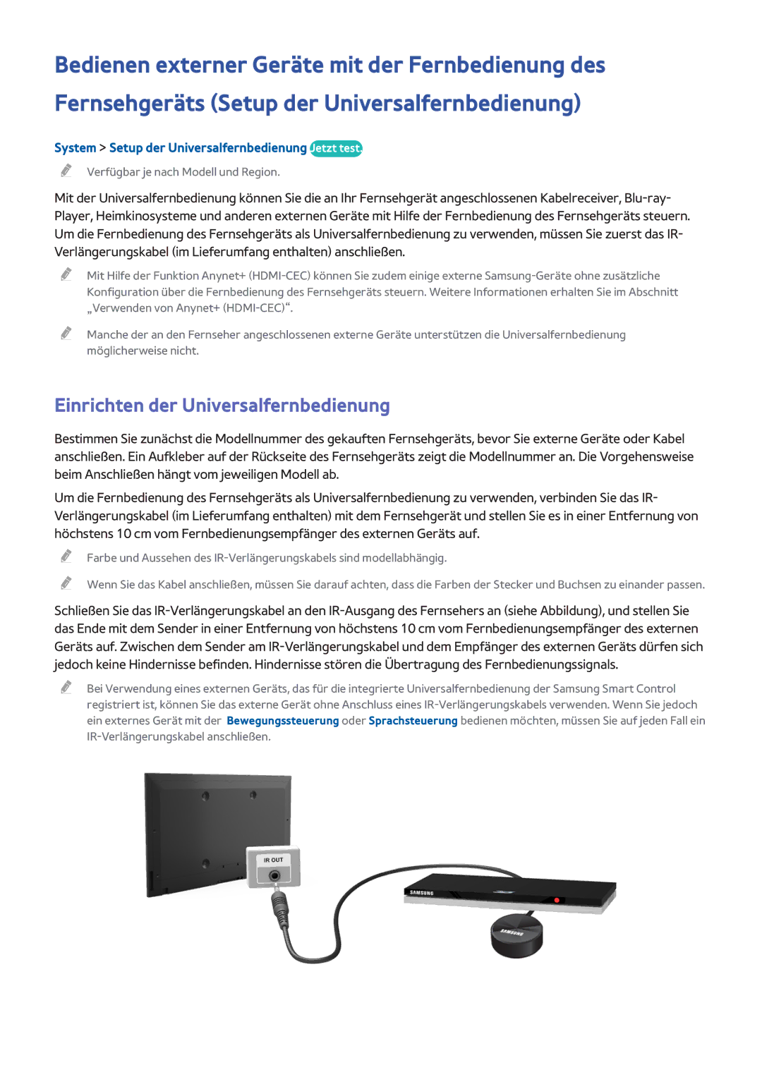 Samsung UE55H6240AWXXH manual Einrichten der Universalfernbedienung, System Setup der Universalfernbedienung Jetzt test 