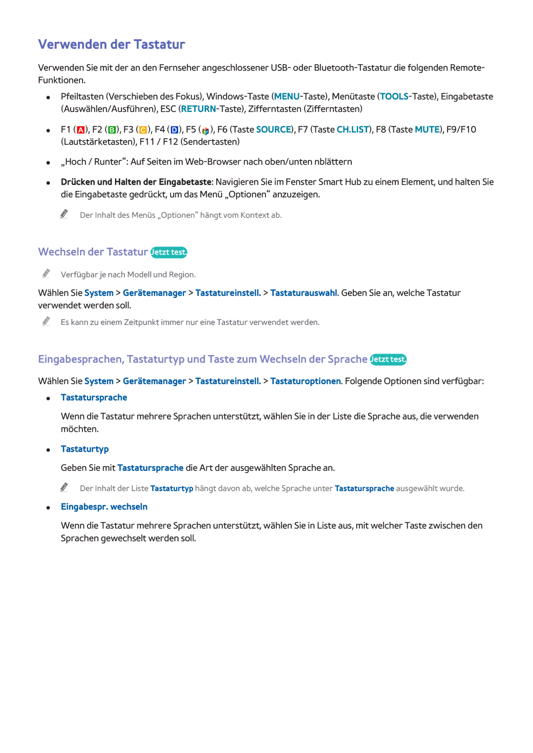 Samsung UE48H5500AWXXH manual Verwenden der Tastatur, Wechseln der Tastatur Jetzt test, Tastaturtyp, Eingabespr. wechseln 