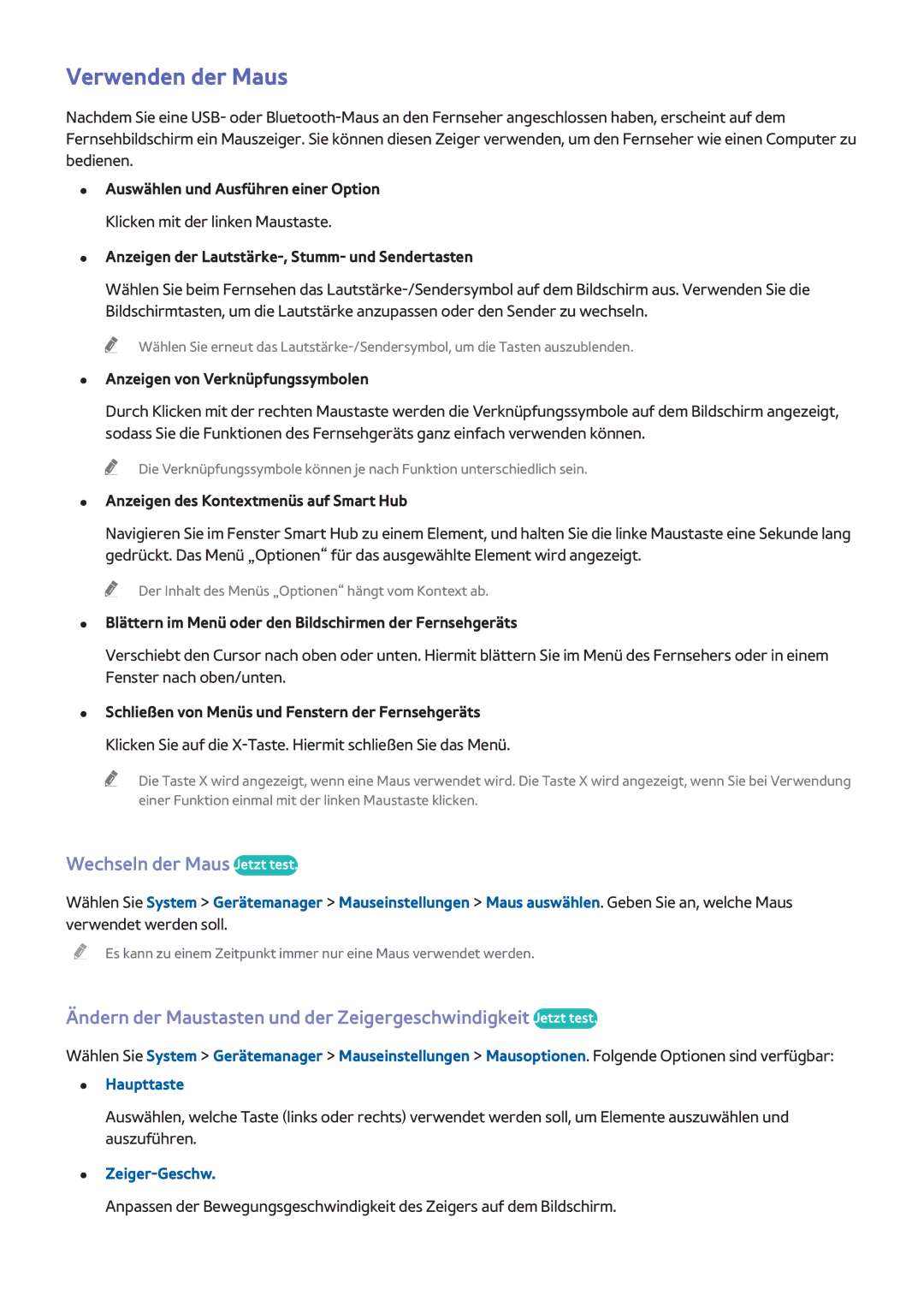 Samsung UE48H6500SLXZF, UE55H6410SSXXH, UE55H6290SSXZG manual Verwenden der Maus, Wechseln der Maus Jetzt test, Zeiger-Geschw 