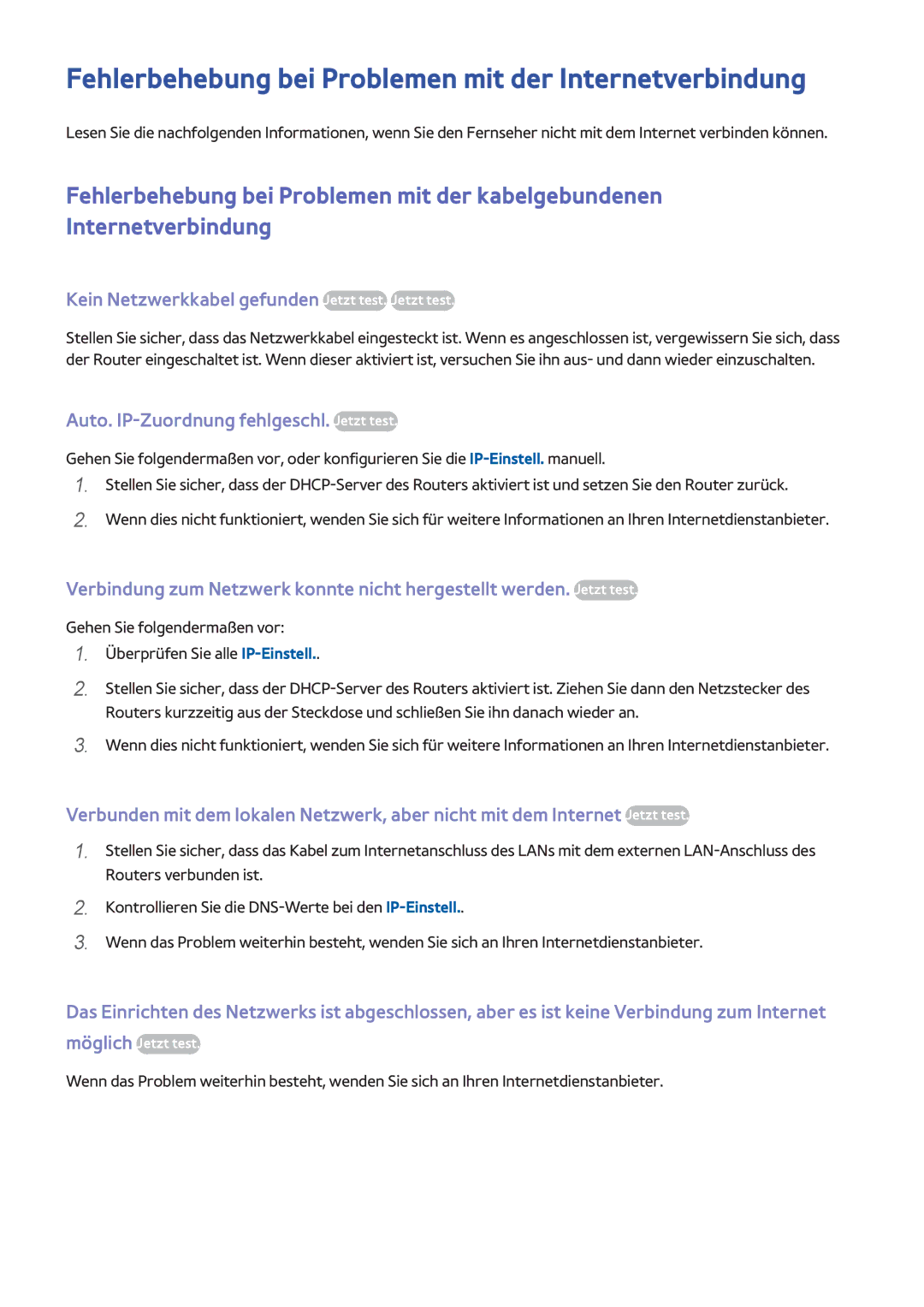 Samsung UE48H5510SSXZF Fehlerbehebung bei Problemen mit der Internetverbindung, Auto. IP-Zuordnung fehlgeschl. Jetzt test 