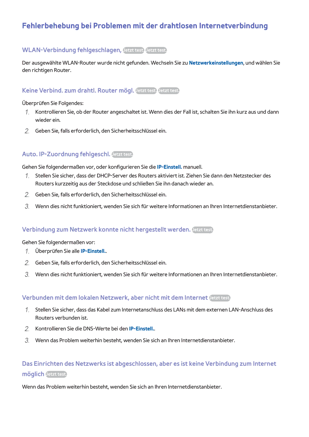 Samsung UE32H4510AWXZF, UE55H6410SSXXH, UE55H6290SSXZG manual WLAN-Verbindung fehlgeschlagen, Jetzt test. Jetzt test 