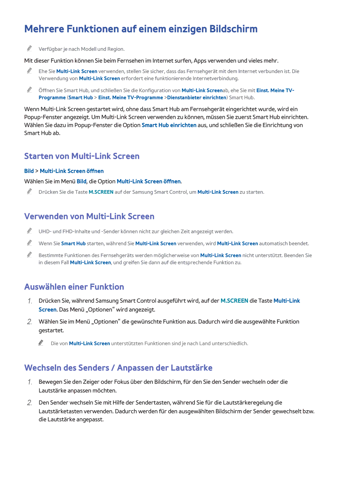 Samsung UE48H5500AWXZF, UE55H6410SSXXH Mehrere Funktionen auf einem einzigen Bildschirm, Starten von Multi-Link Screen 
