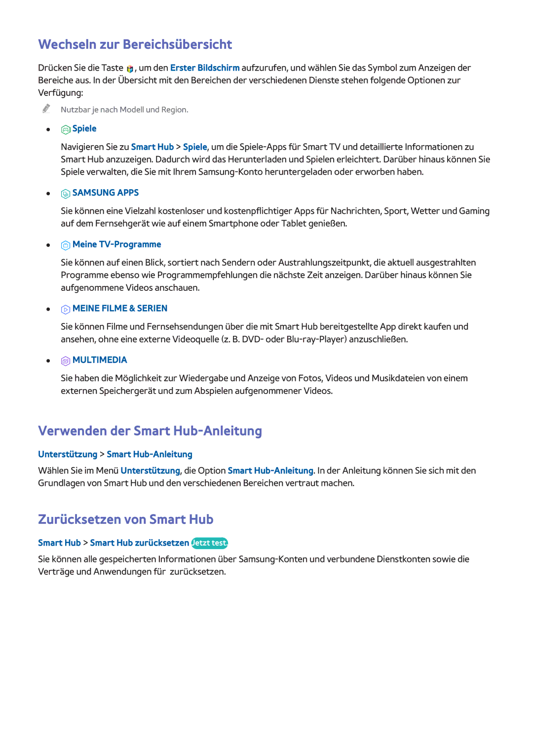 Samsung UE40H5510SSXZF manual Wechseln zur Bereichsübersicht, Verwenden der Smart Hub-Anleitung, Zurücksetzen von Smart Hub 