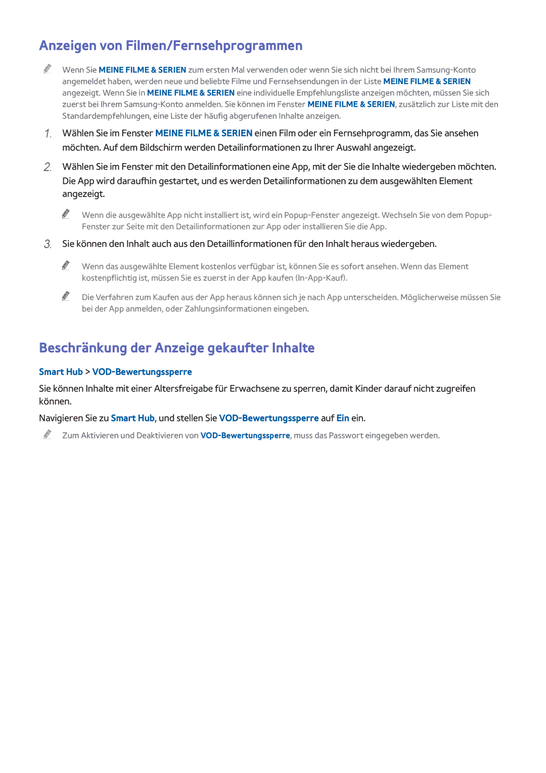 Samsung UE55H6890SSXZG, UE55H6410SSXXH Anzeigen von Filmen/Fernsehprogrammen, Beschränkung der Anzeige gekaufter Inhalte 