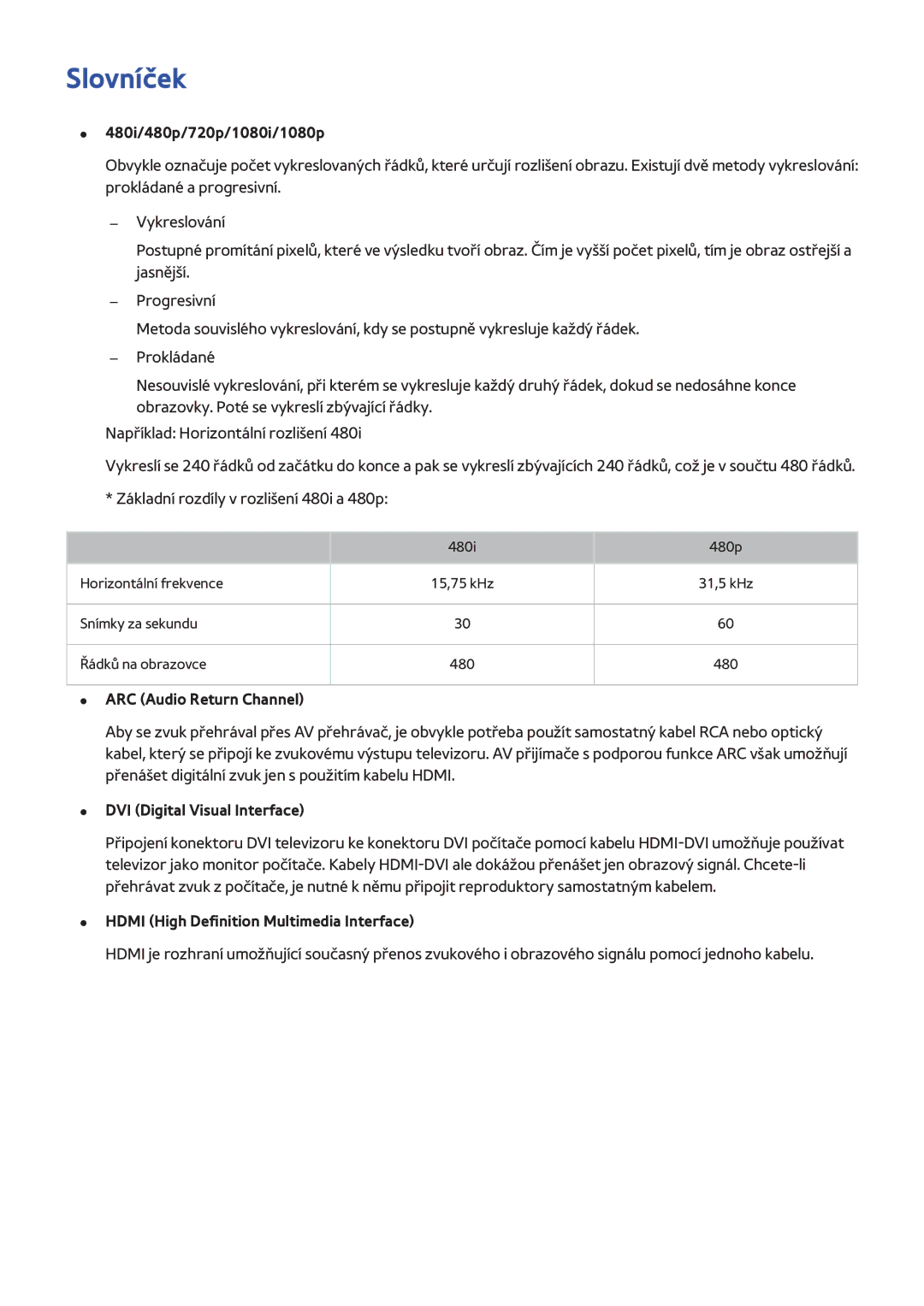 Samsung UE48H6240AKXXU manual Slovníček, 480i/480p/720p/1080i/1080p, ARC Audio Return Channel, DVI Digital Visual Interface 