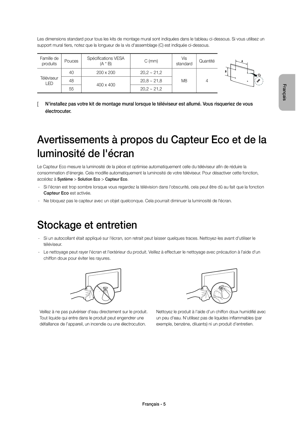 Samsung UE55H6500SLXXC, UE55H6500SLXXH, UE48H6500SLXXH, UE55H6500SLXZF, UE48H6640SLXXC, UE48H6500SLXXC Stockage et entretien 