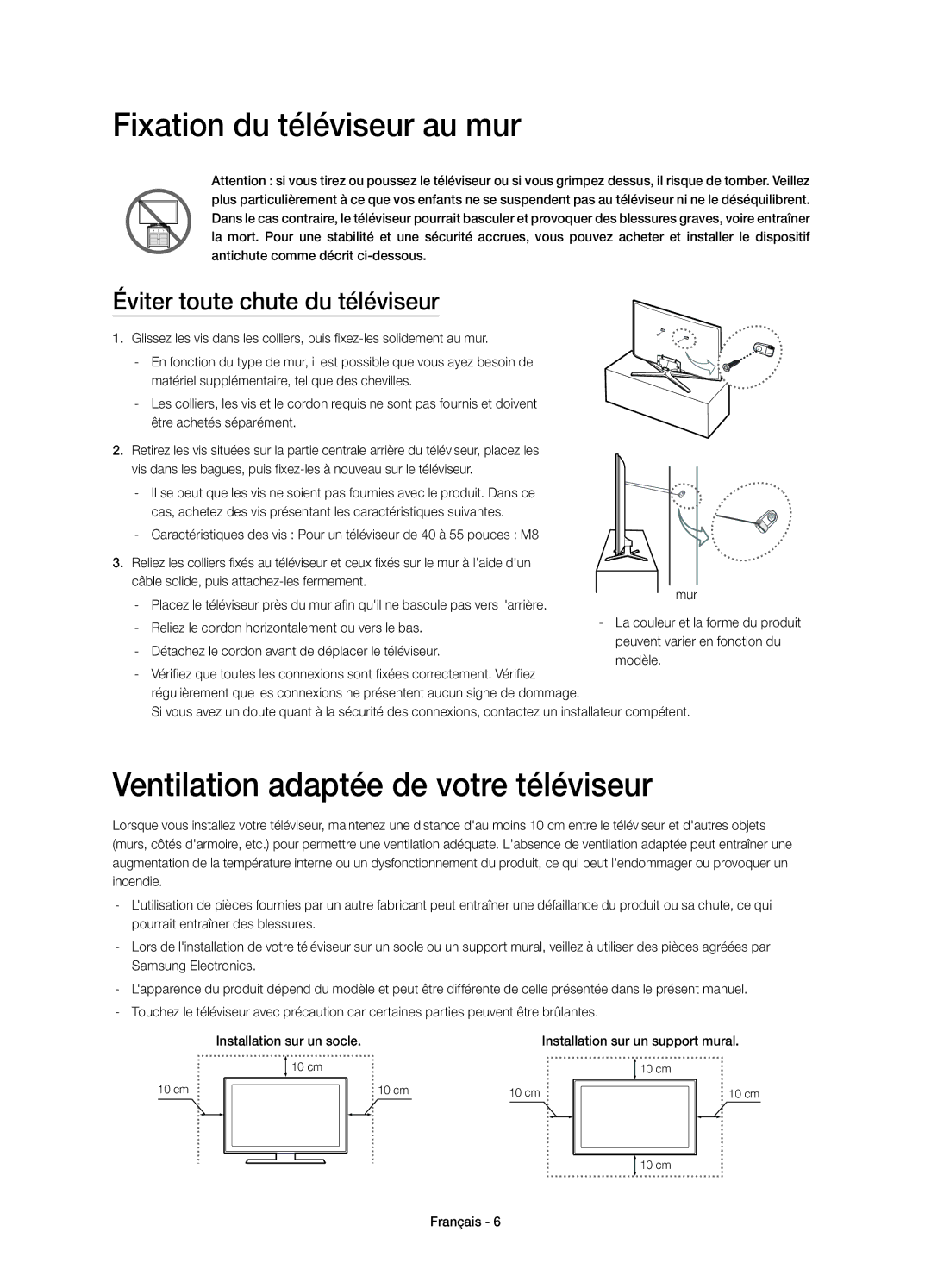 Samsung UE55H6500SLXXH, UE48H6500SLXXH manual Fixation du téléviseur au mur, Ventilation adaptée de votre téléviseur 