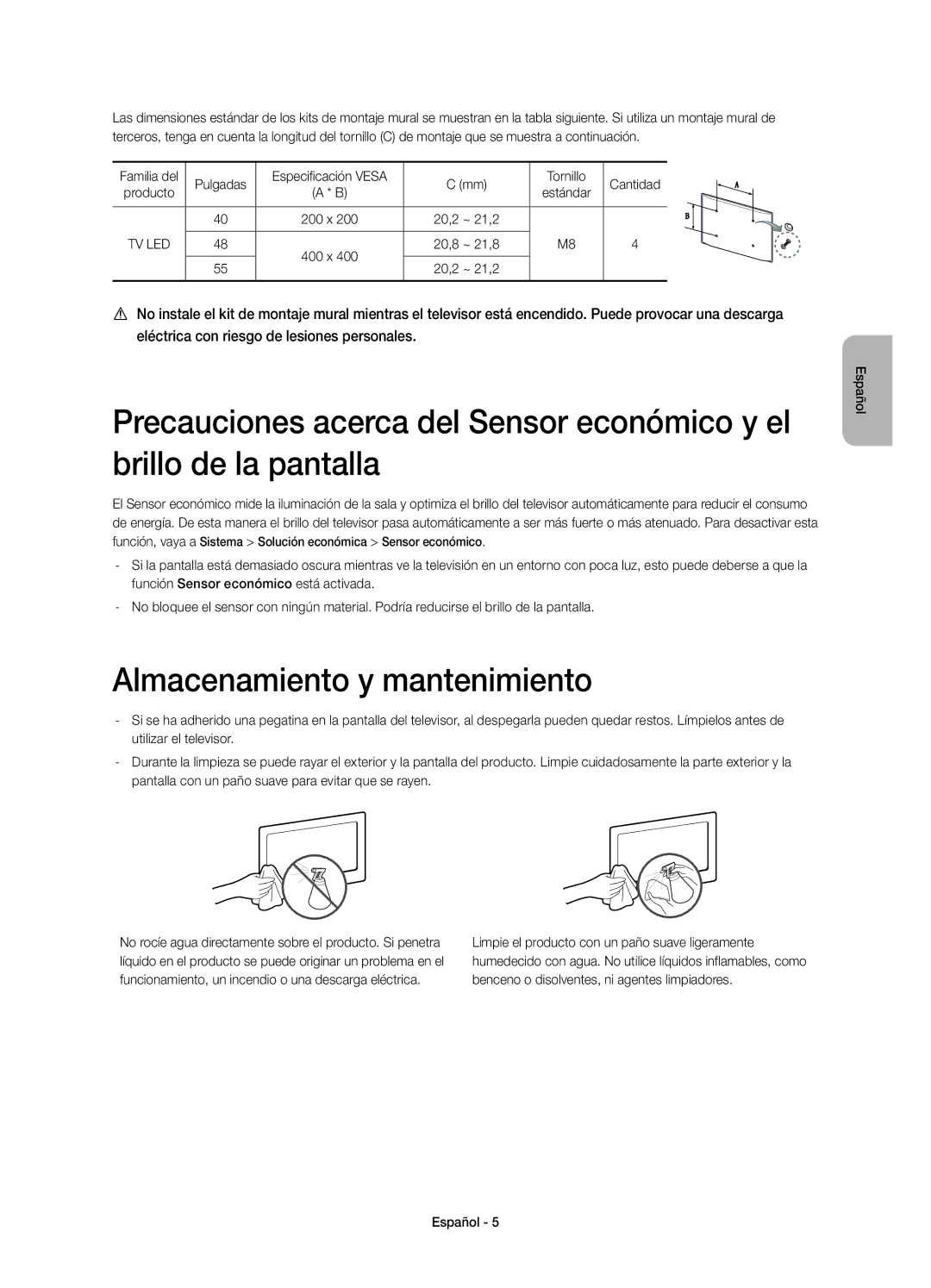 Samsung UE55H6500SLXZF, UE55H6500SLXXH, UE48H6500SLXXH, UE48H6640SLXXC, UE48H6500SLXXC manual Almacenamiento y mantenimiento 