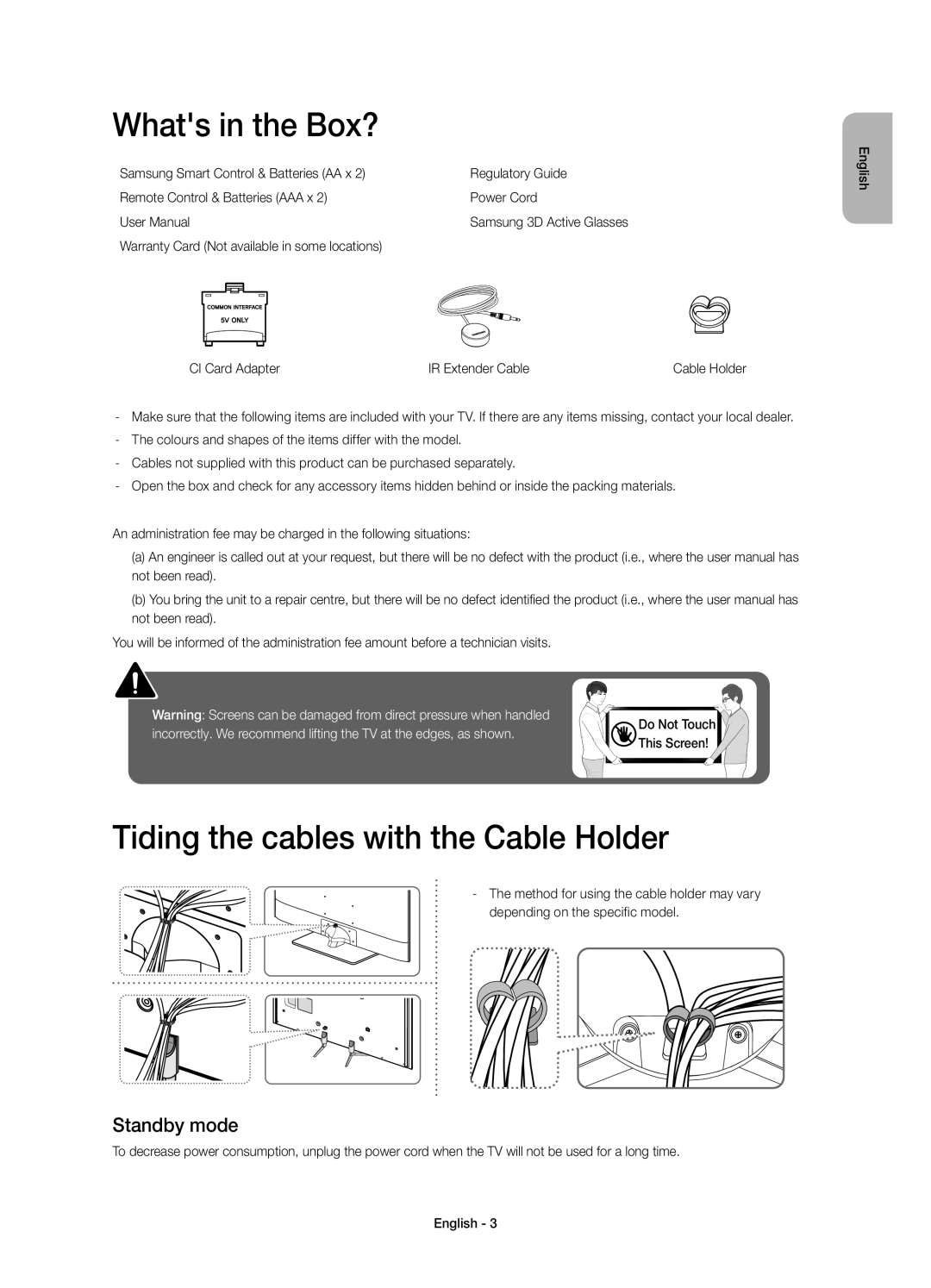 Samsung UE48H6640SLXXC, UE55H6500SLXXH manual Whats in the Box?, Tiding the cables with the Cable Holder, Standby mode 