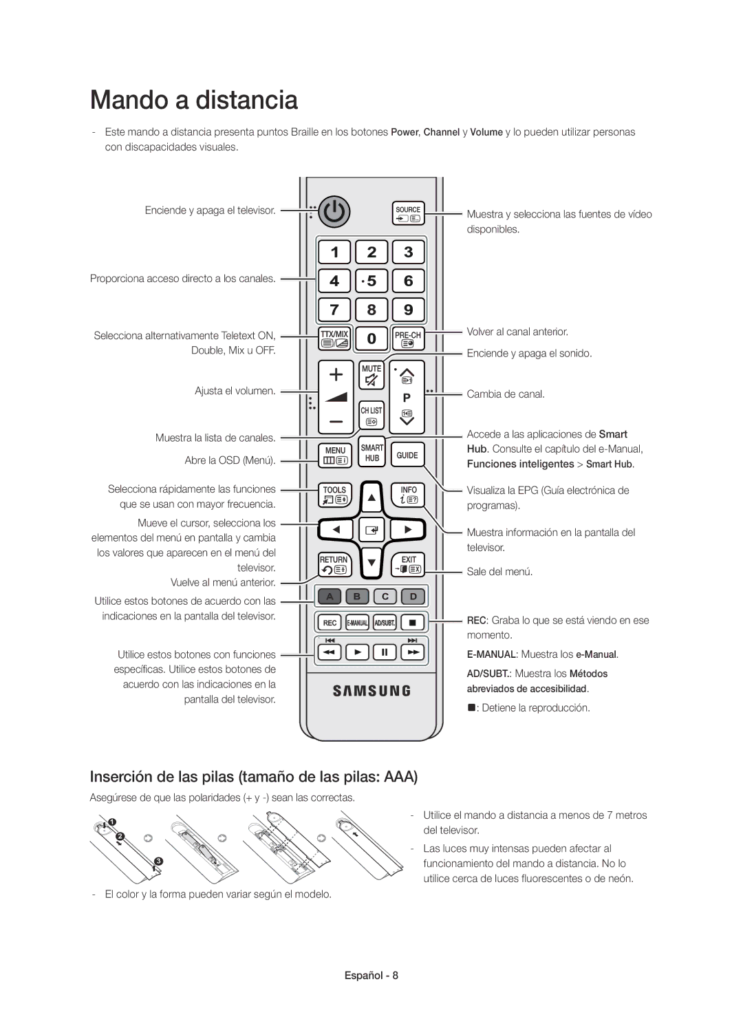 Samsung UE40H6640SLXXC, UE55H6500SLXXH, UE48H6500SLXXH Mando a distancia, Inserción de las pilas tamaño de las pilas AAA 