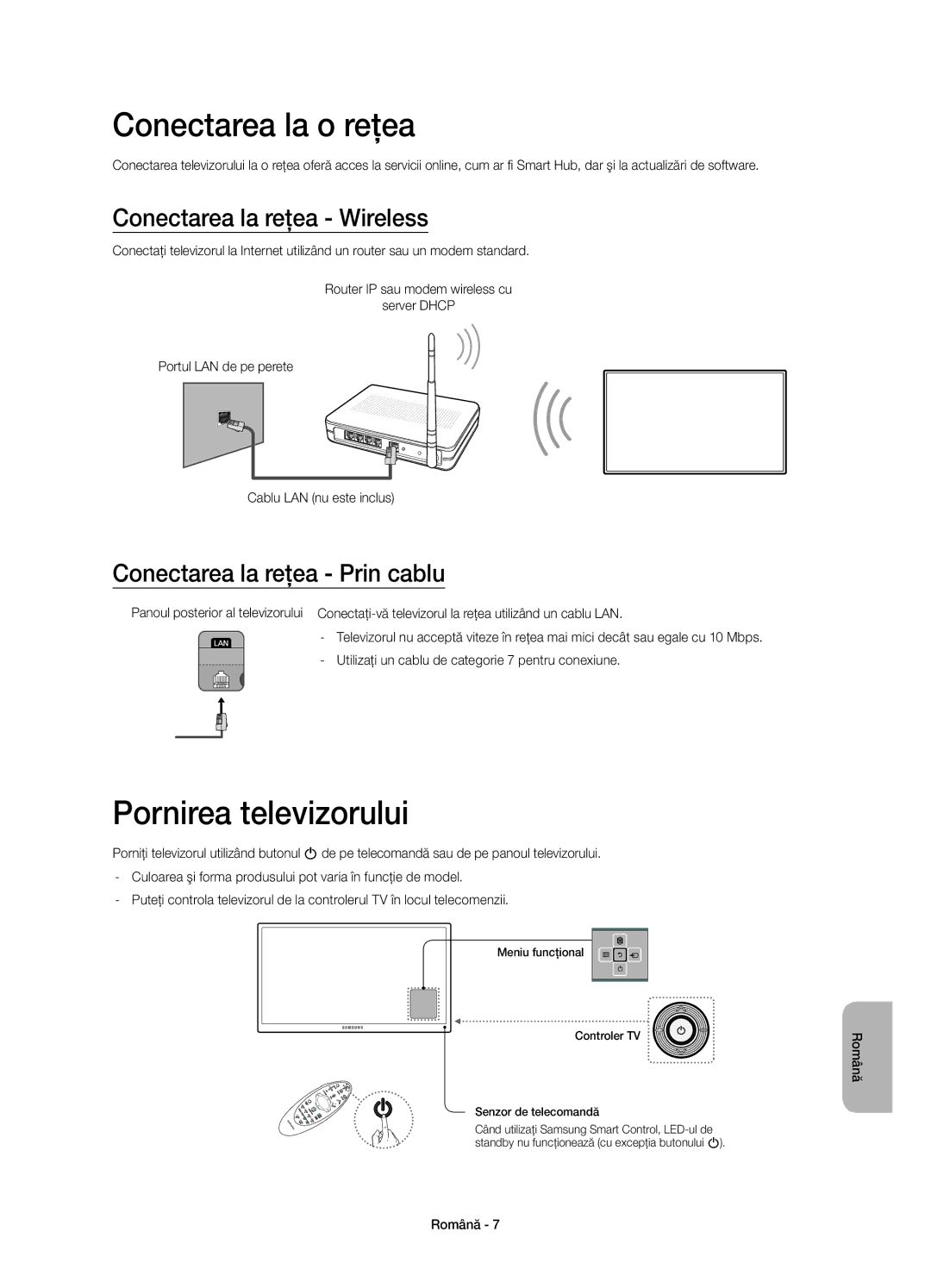 Samsung UE40H6670STXXH, UE55H6700SLXXH manual Conectarea la o reţea, Pornirea televizorului, Conectarea la reţea Wireless 