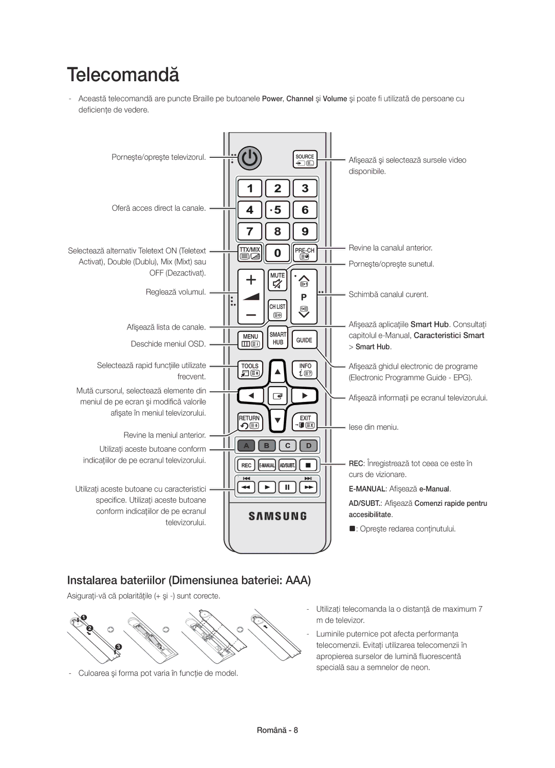 Samsung UE40H6700STXXH manual OFF Dezactivat Reglează volumul, Afişate în meniul televizorului Revine la meniul anterior 