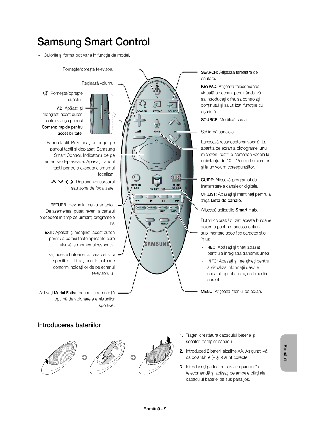 Samsung UE55H6500SLXXN, UE55H6700SLXXH, UE48H6670SLXXH, UE55H6650SLXXH manual Samsung Smart Control, Introducerea bateriilor 