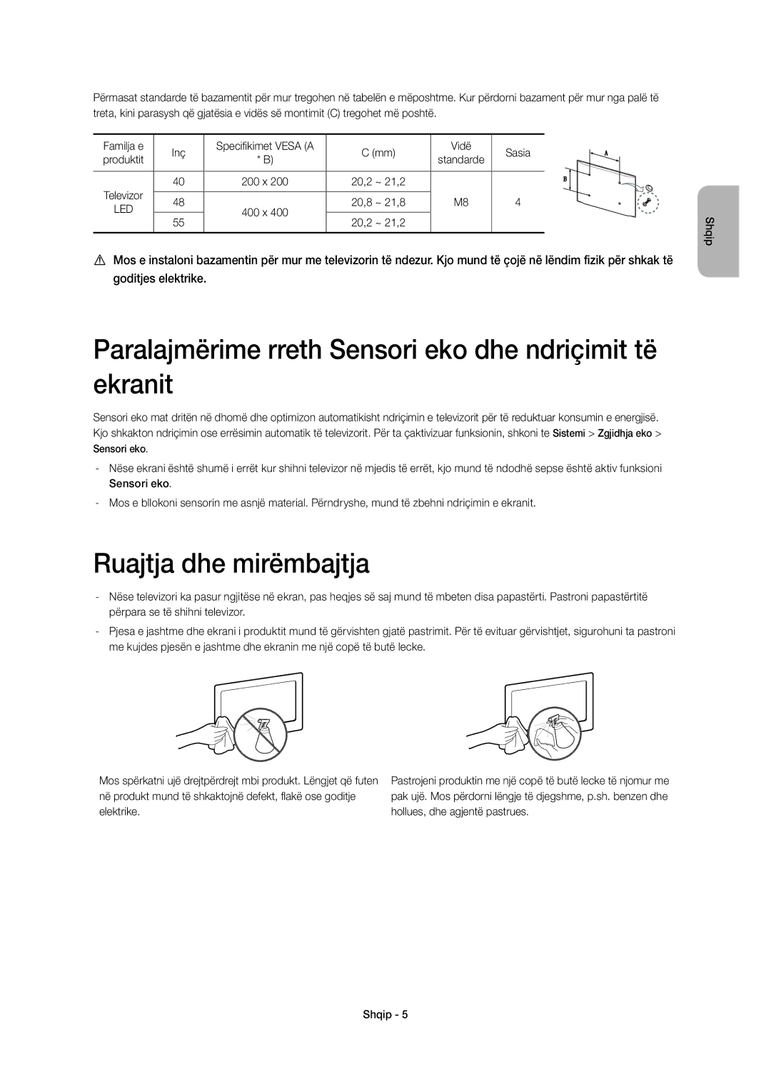 Samsung UE55H6670SLXXN, UE55H6700SLXXH Paralajmërime rreth Sensori eko dhe ndriçimit të ekranit, Ruajtja dhe mirëmbajtja 