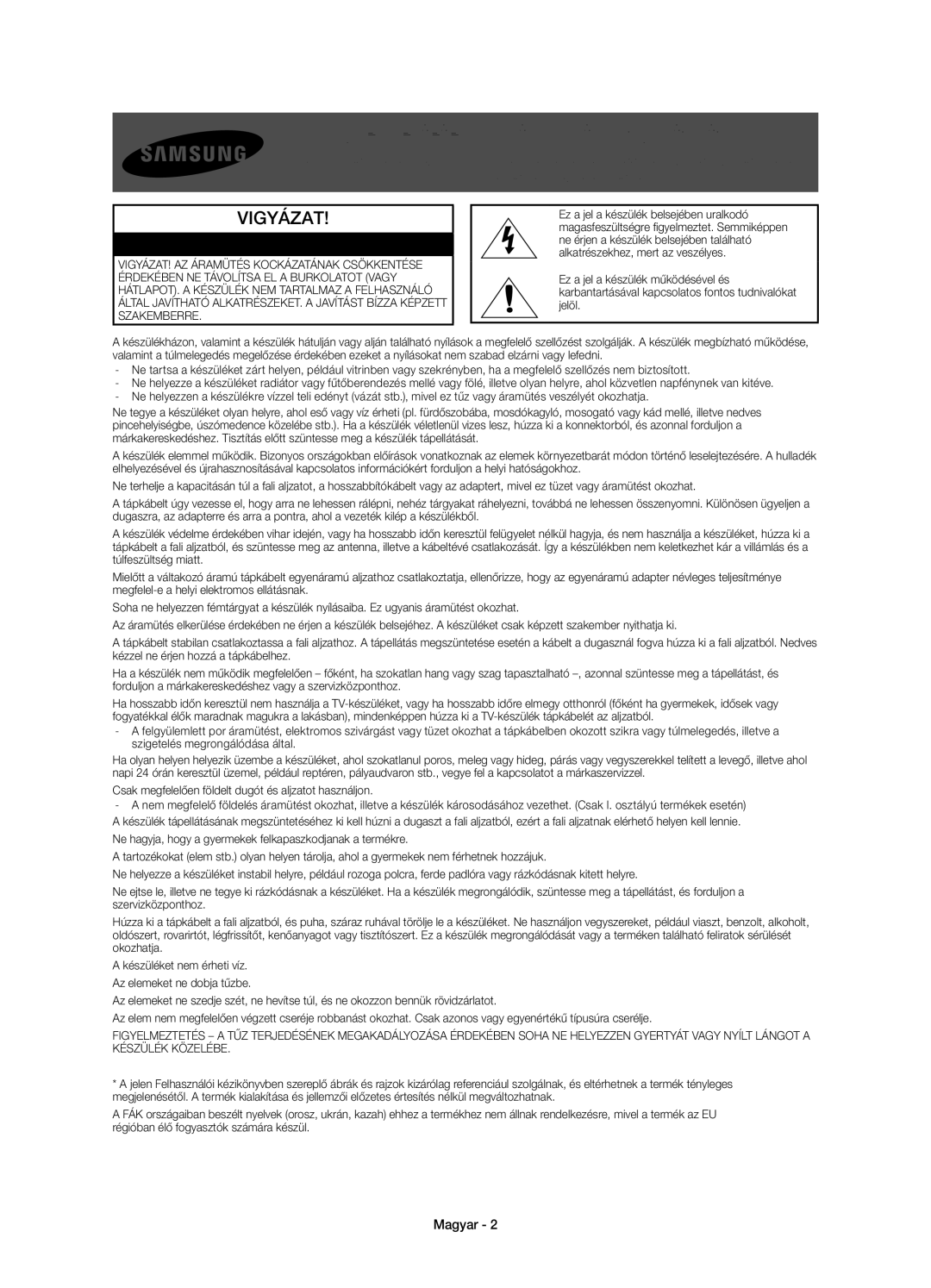 Samsung UE40H6500SLXZF manual Figyelmeztetés! Fontos biztonsági utasítások, Vigyázat, ÁRAMÜTÉSVESZÉLY! NE Nyissa KI, Magyar 