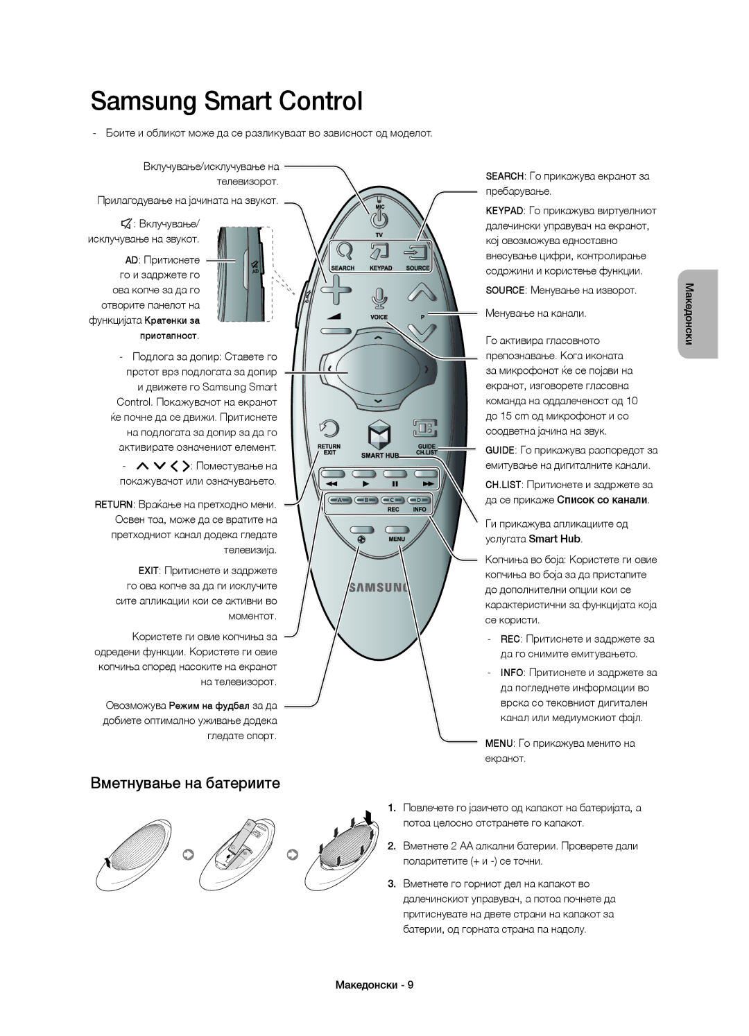 Samsung UE40H6640SLXXH manual Вметнување на батериите, Движете го Samsung Smart, Search Го прикажува екранот за пребарување 