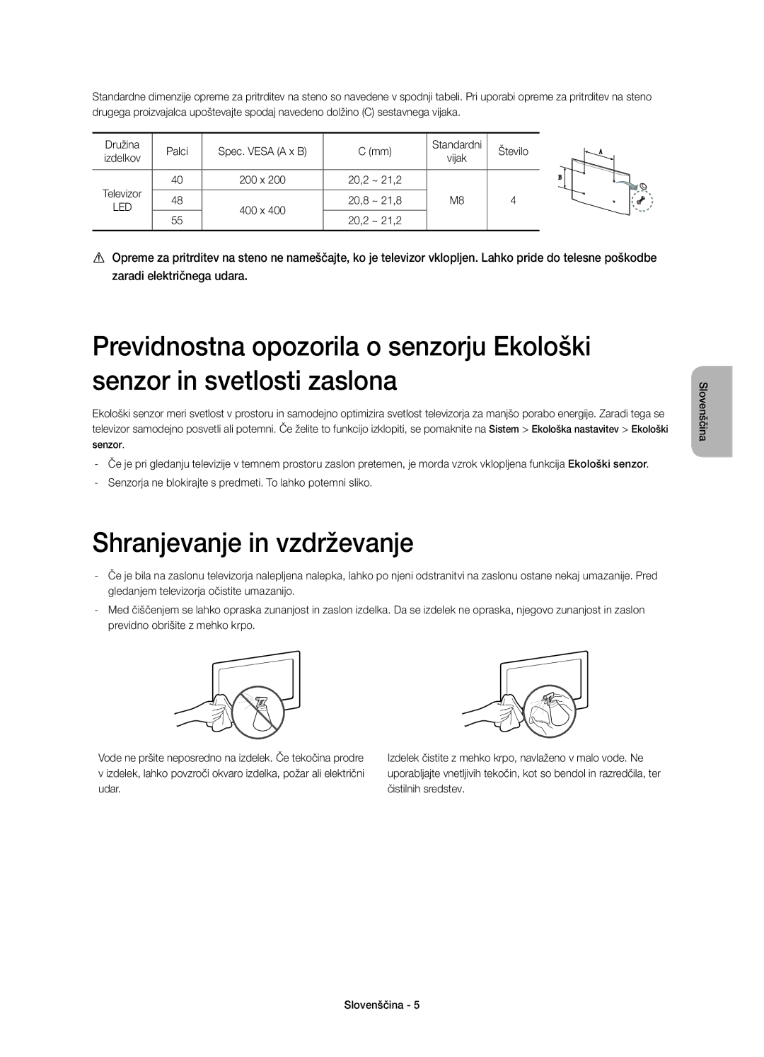 Samsung UE40H6650SLXZF, UE55H6700SLXXH, UE48H6670SLXXH, UE55H6650SLXXH, UE55H6640SLXXH manual Shranjevanje in vzdrževanje 