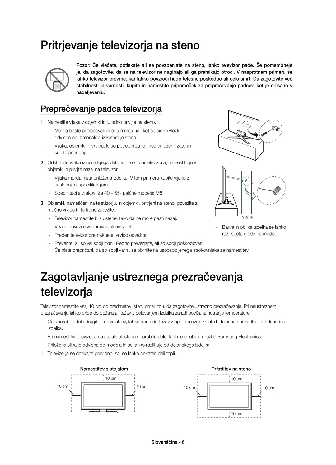 Samsung UE55H6640SLXZF, UE55H6700SLXXH Zagotavljanje ustreznega prezračevanja televizorja, Preprečevanje padca televizorja 