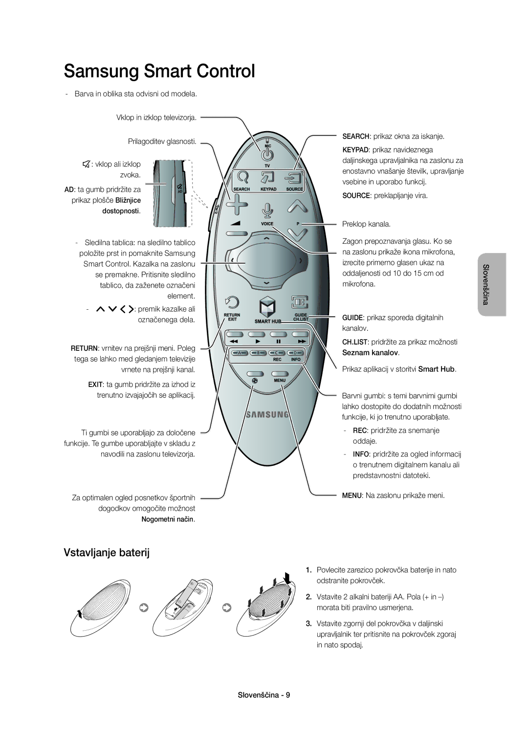 Samsung UE40H6640SLXZF manual Vstavljanje baterij, Search prikaz okna za iskanje, REC pridržite za snemanje oddaje 