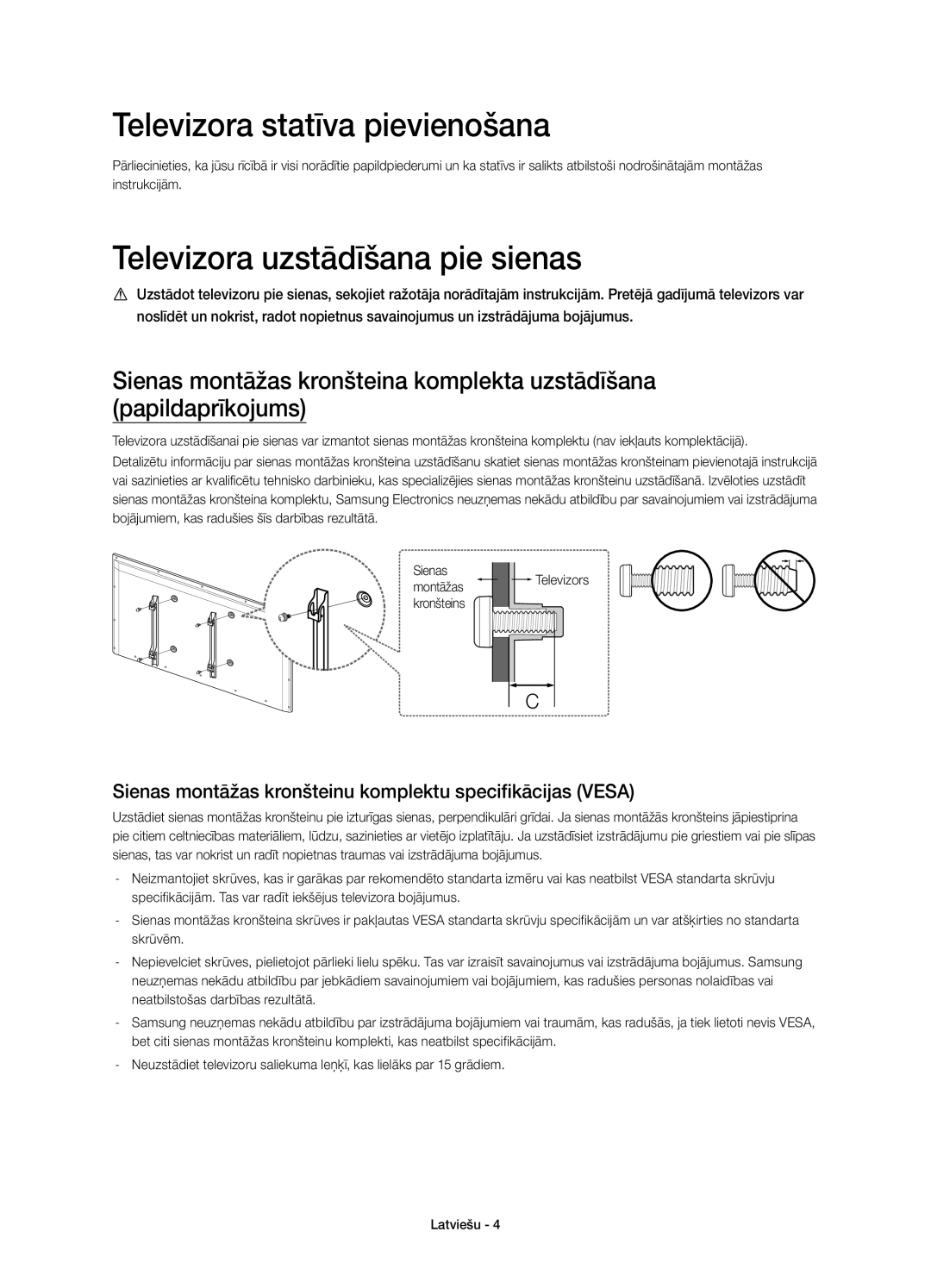 Samsung UE40H6640SLXXC, UE55H6700SLXXH, UE48H6670SLXXH Televizora statīva pievienošana, Televizora uzstādīšana pie sienas 