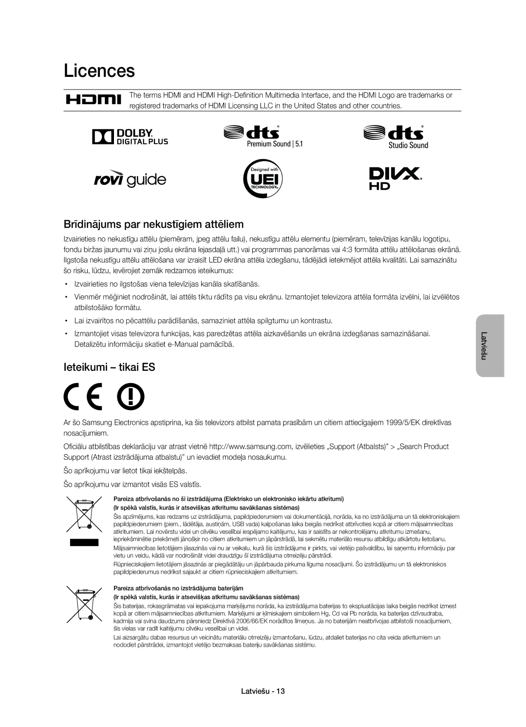 Samsung UE40H6670SLXXH, UE55H6700SLXXH manual Brīdinājums par nekustīgiem attēliem, Ieteikumi tikai ES, Atbilstošāko formātu 