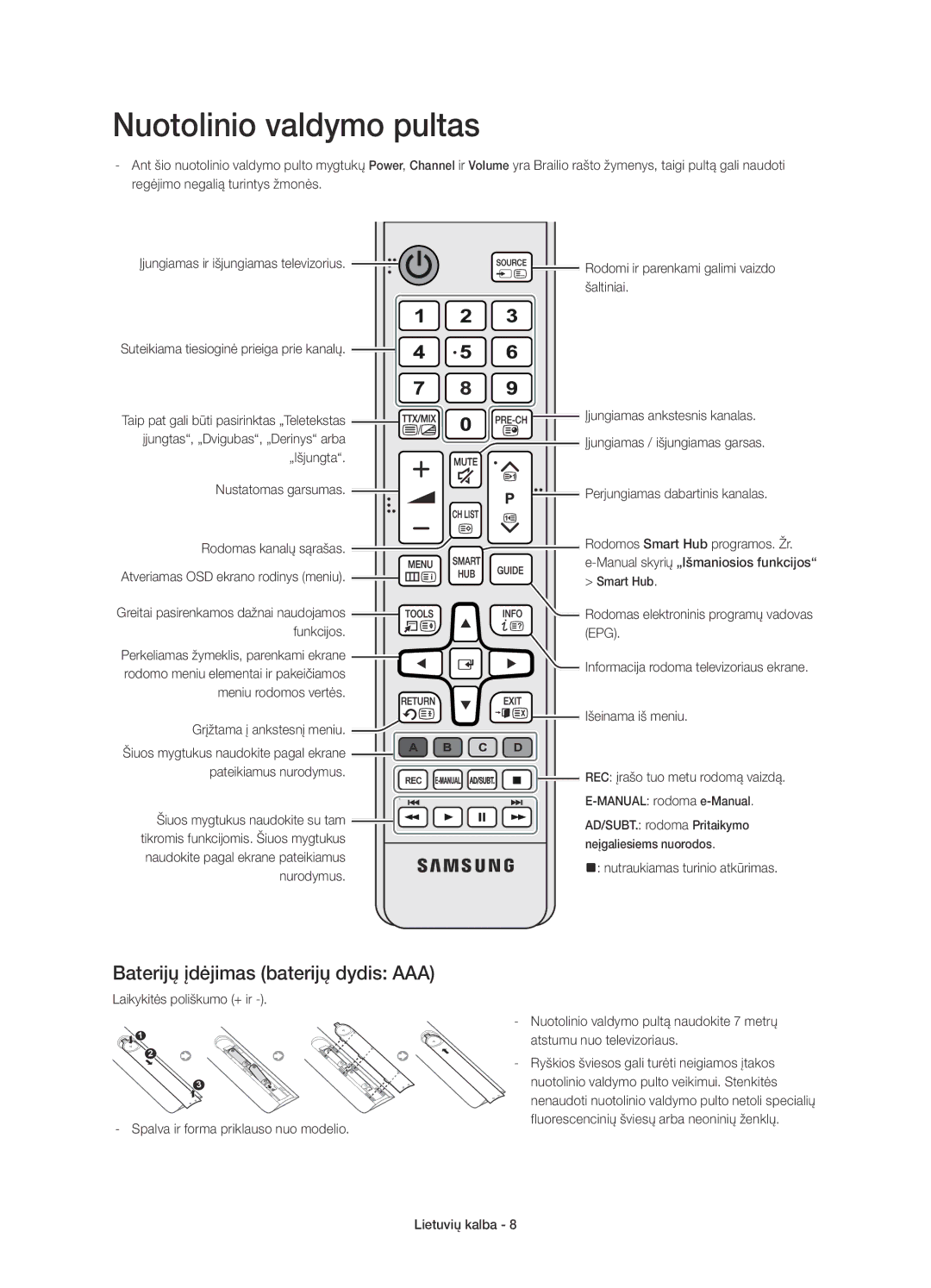 Samsung UE40H6670SLXXN, UE55H6700SLXXH, UE48H6670SLXXH manual Nuotolinio valdymo pultas, Baterijų įdėjimas baterijų dydis AAA 