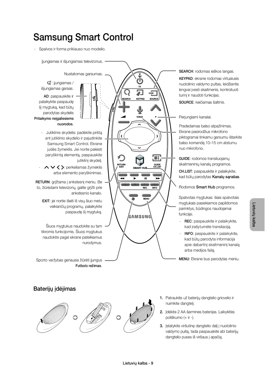 Samsung UE40H6650SLXXN, UE55H6700SLXXH manual Baterijų įdėjimas, Search rodomas ieškos langas, Rodomos Smart Hub programos 